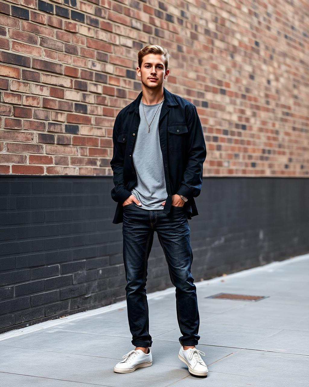 White male model in a black overshirt, grey t-shirt and dark jeans against a brick wall