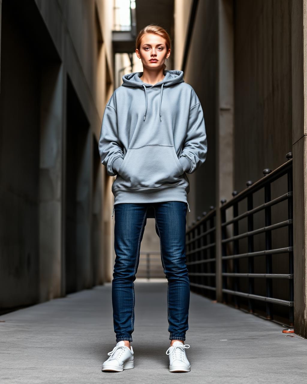 White female model in a grey hoodie and dark jeans in an urban alley