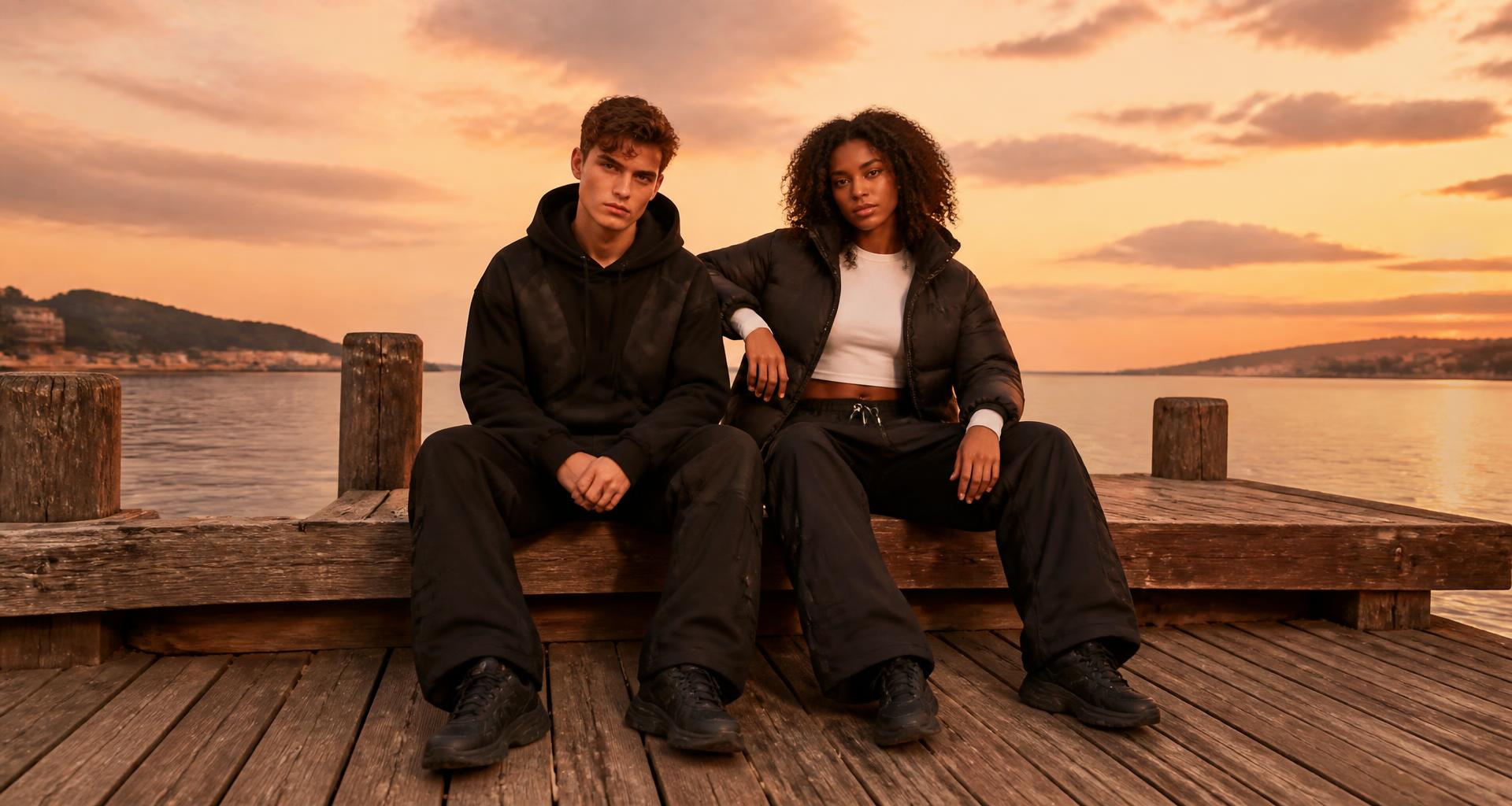 Editorial fashion couple seated on a wooden pier at sunset, man in black hoodie with camo panels and cargo pants, woman in black puffer jacket and wide-leg cargo pants