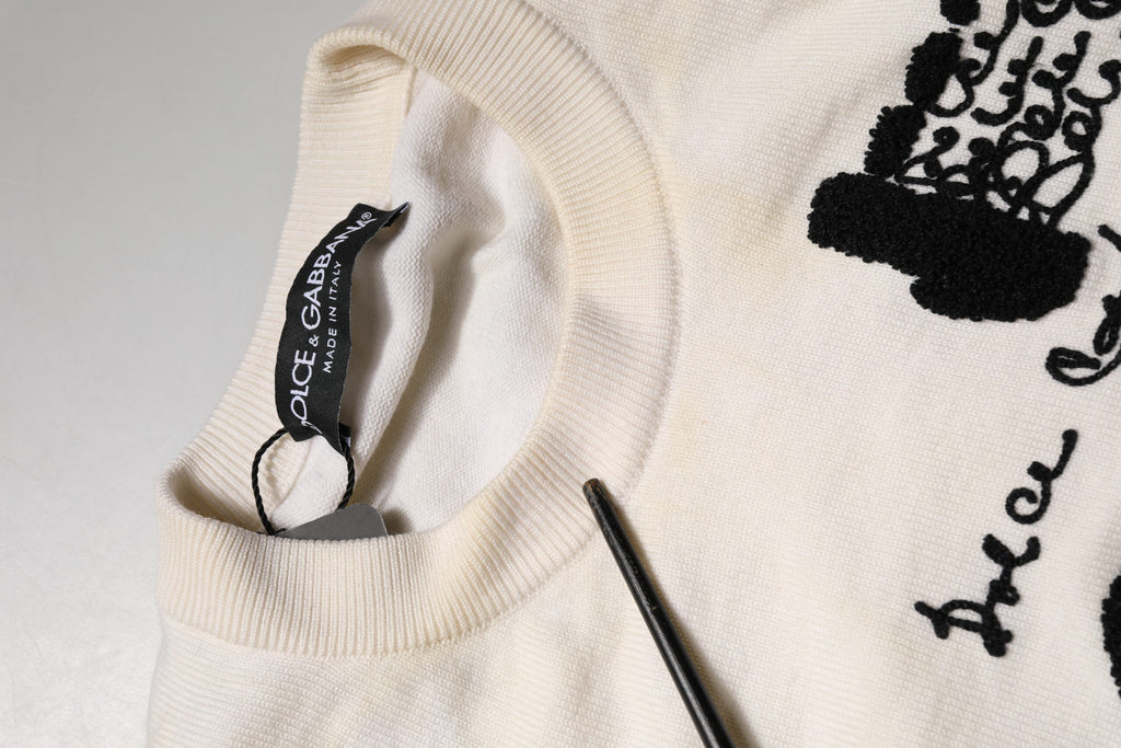 Dolce & Gabbana White Virgin Wool Graphic Logo Crewneck Sweater