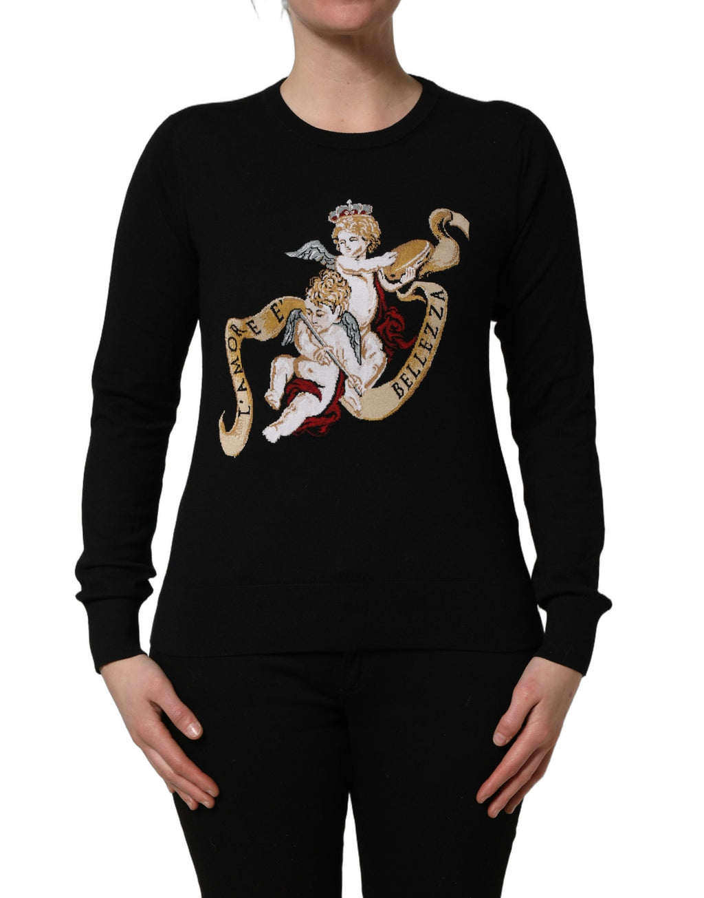 Dolce & Gabbana Black Angels Wool Crew Neck Pullover Sweater