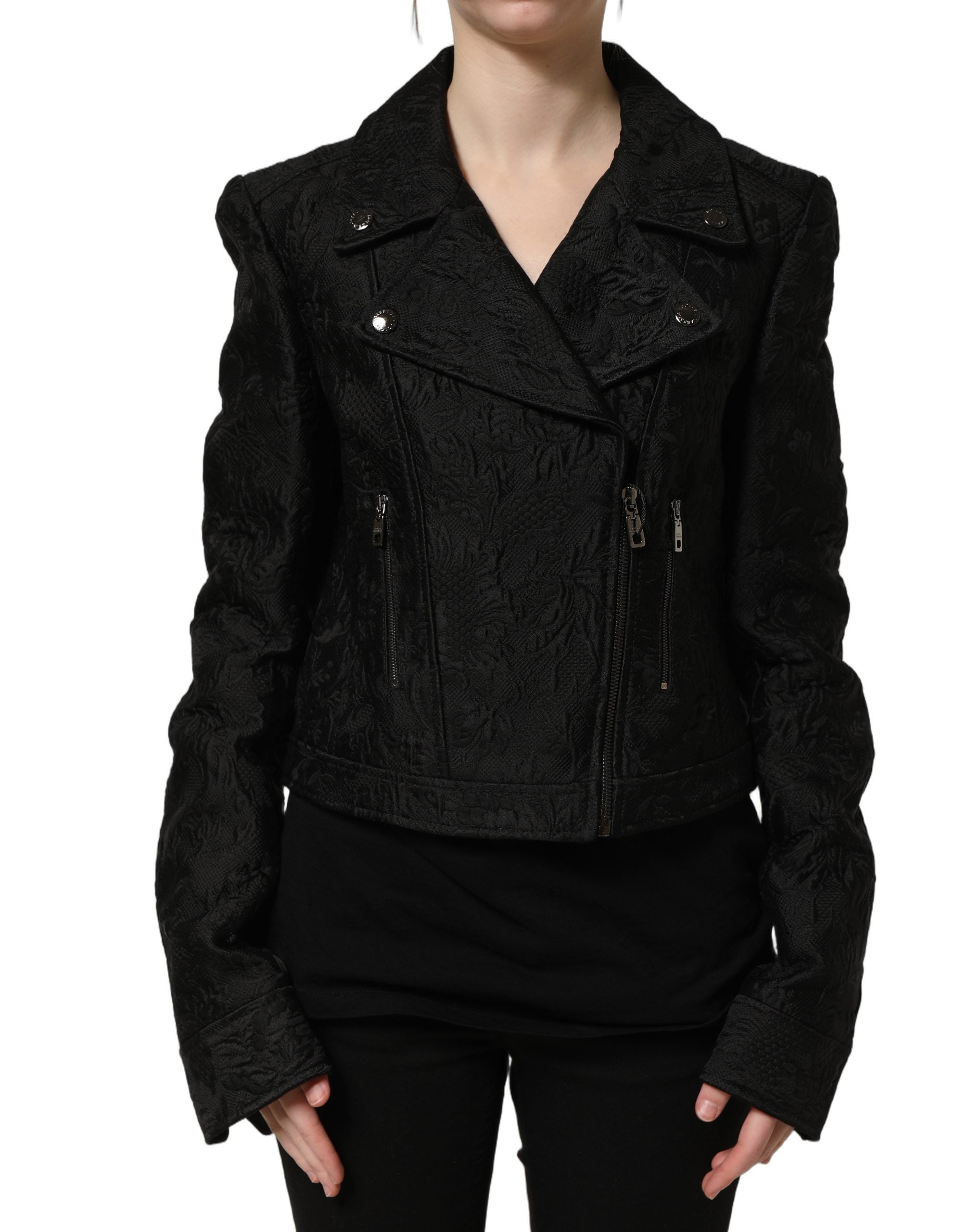 Dolce & Gabbana Black Floral Brocade Biker Blouson Jacket