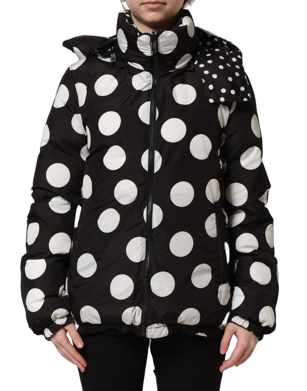 Dolce & Gabbana Black White Polka Dot Hooded Blouson Jacket