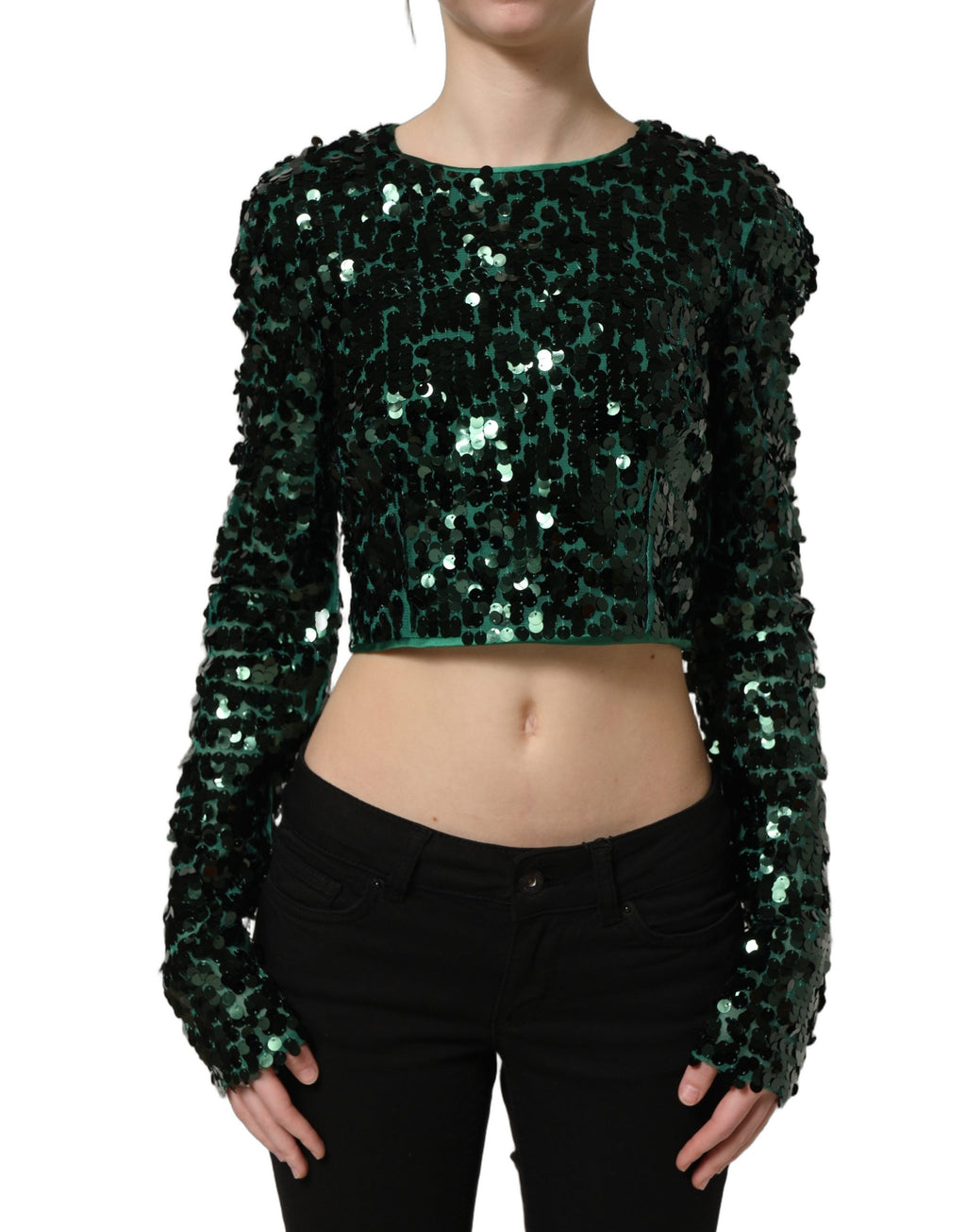 Dolce & Gabbana Green Sequined Long Sleeves Crop Blouse Top