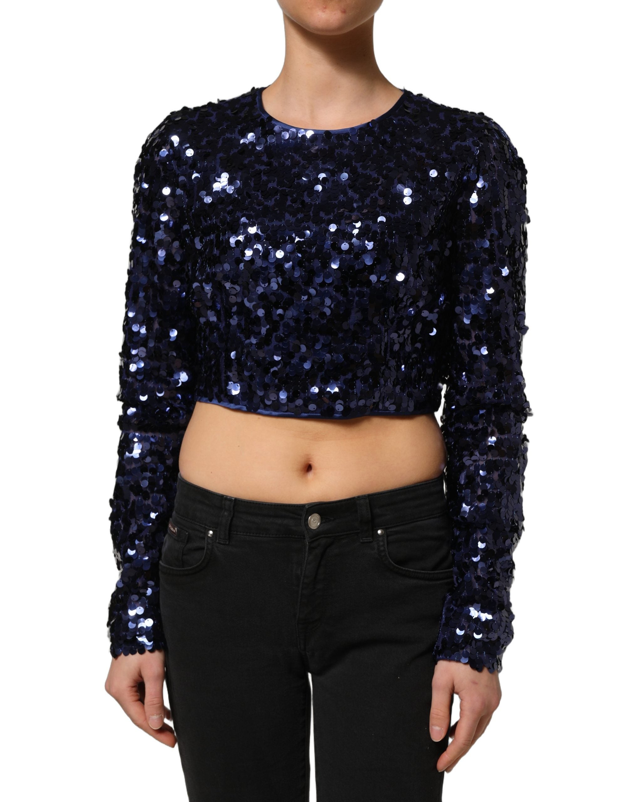 Dolce & Gabbana Blue Sequined Long Sleeves Crop Blouse Top