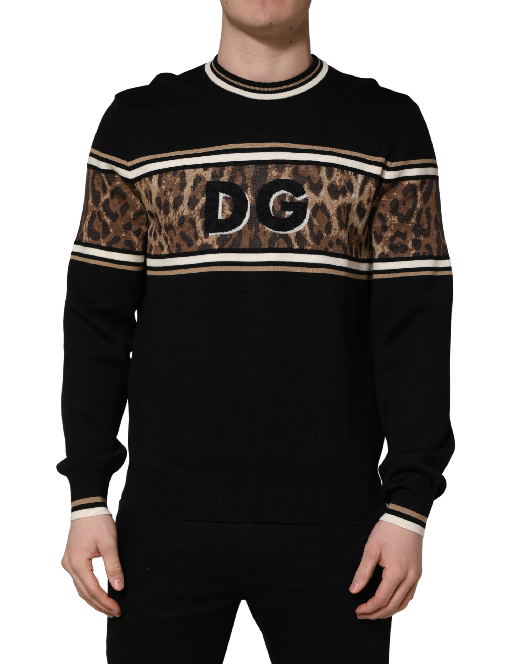 Dolce & Gabbana Black Leopard Wool Crew Neck Men Pullover Sweater