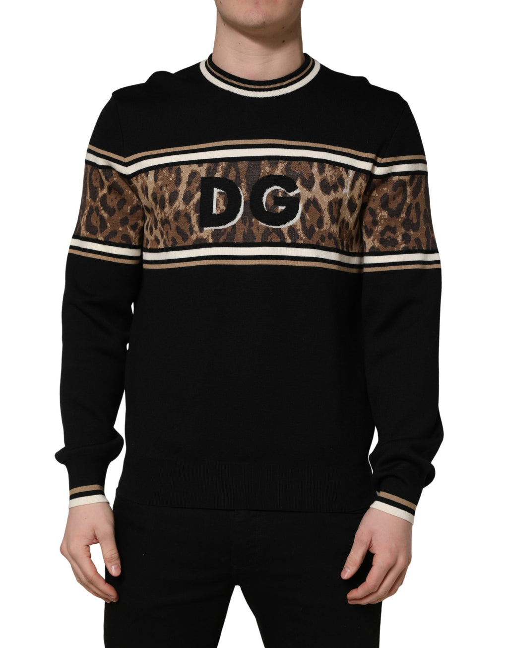 Dolce & Gabbana Black Leopard Wool Crew Neck Men Pullover Sweater