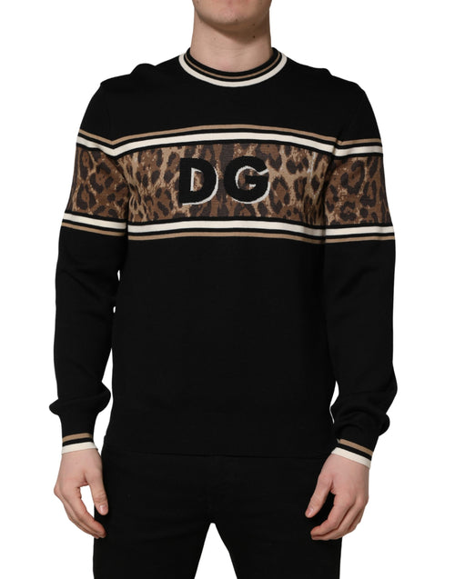 Dolce & Gabbana Black Leopard Wool Crew Neck Men Pullover Sweater