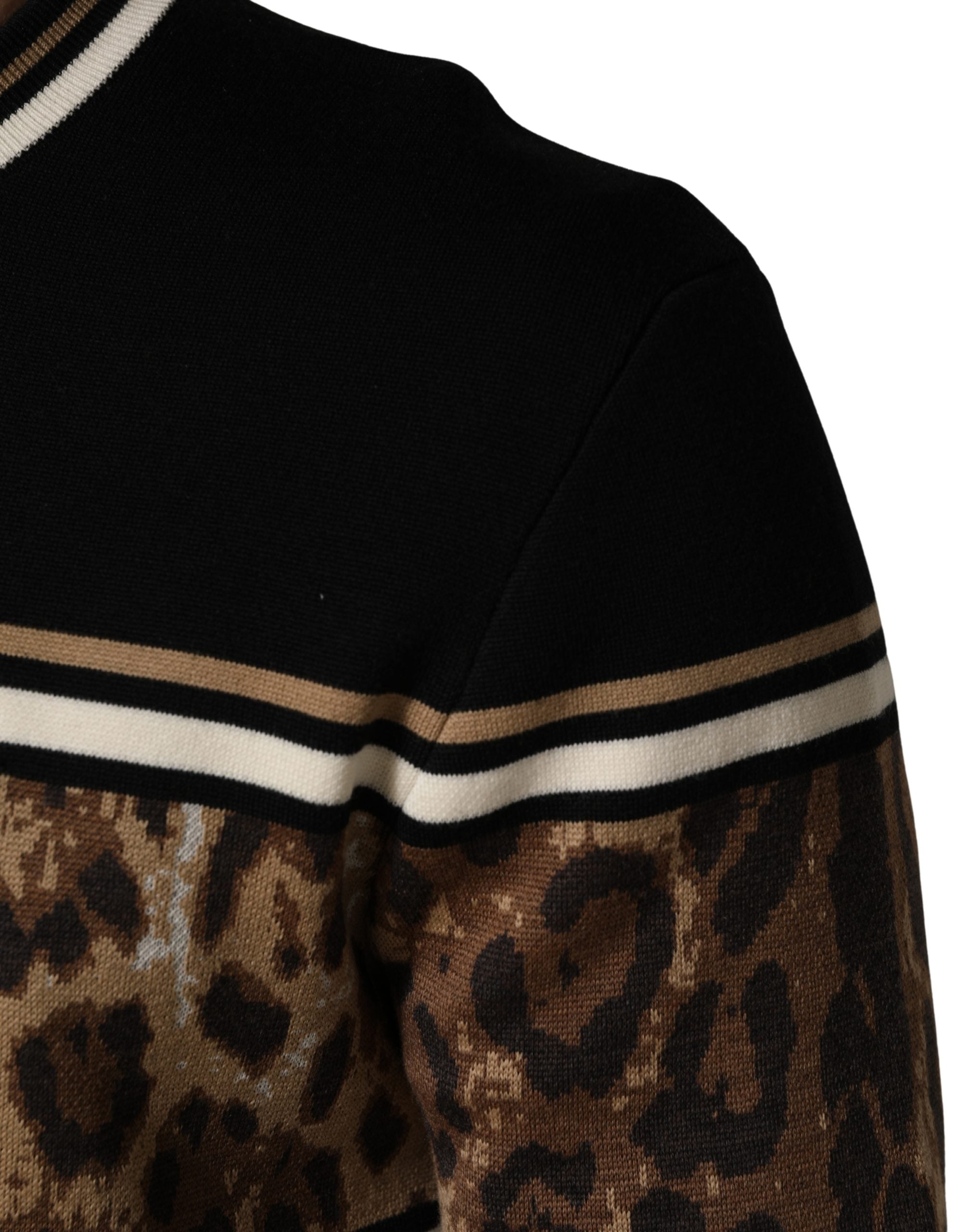 Dolce & Gabbana Black Leopard Wool Crew Neck Men Pullover Sweater