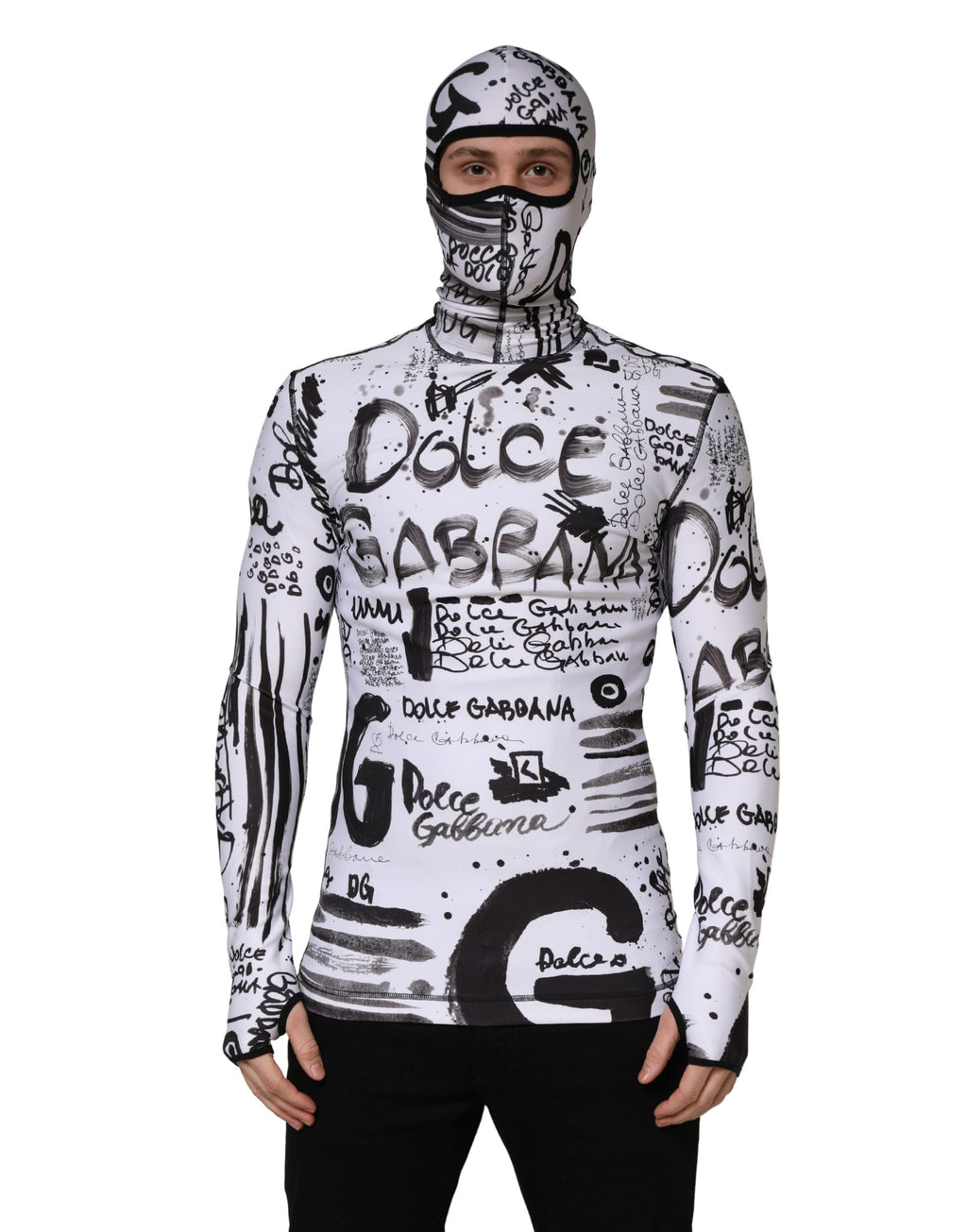 Dolce & Gabbana White Jersey Graffiti Print Balaclava Hood Sweater