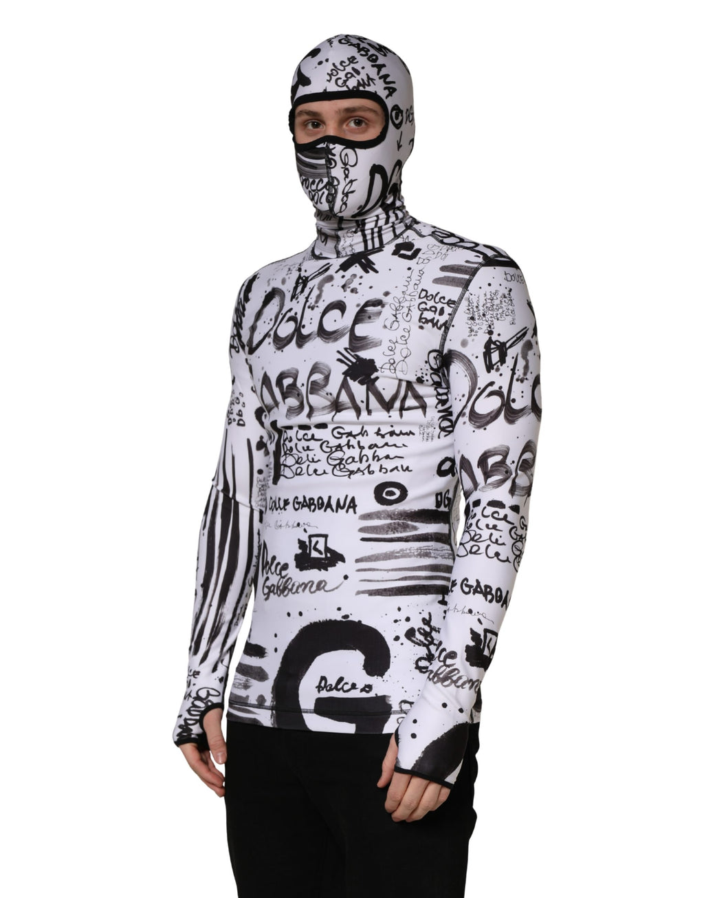Dolce & Gabbana White Jersey Graffiti Print Balaclava Hood Sweater