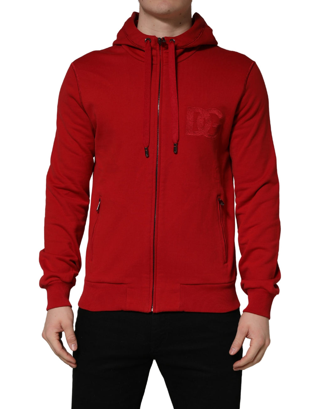 Dolce & Gabbana Red Embroidered Logo Hooded Full Zip Sweater