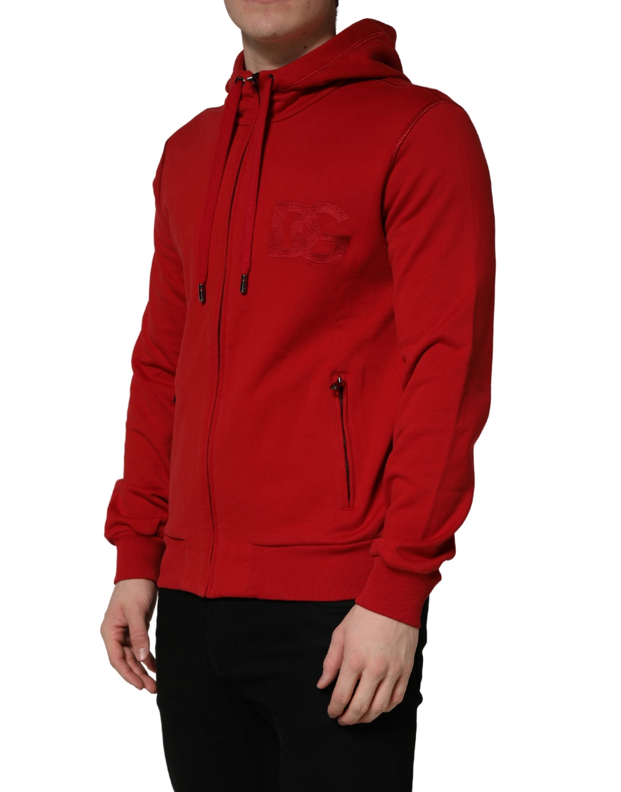 Dolce & Gabbana Red Embroidered Logo Hooded Full Zip Sweater