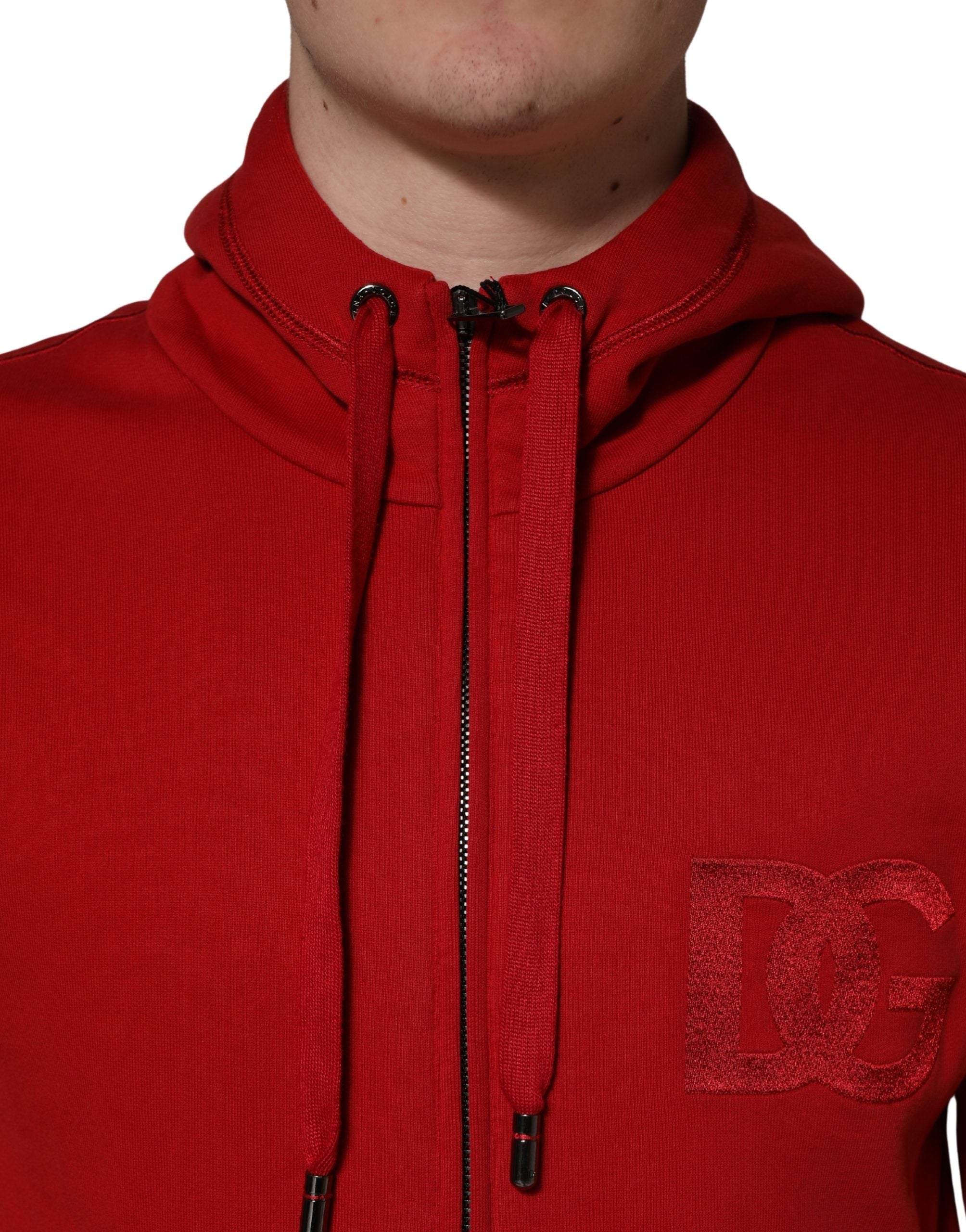 Dolce & Gabbana Red Embroidered Logo Hooded Full Zip Sweater