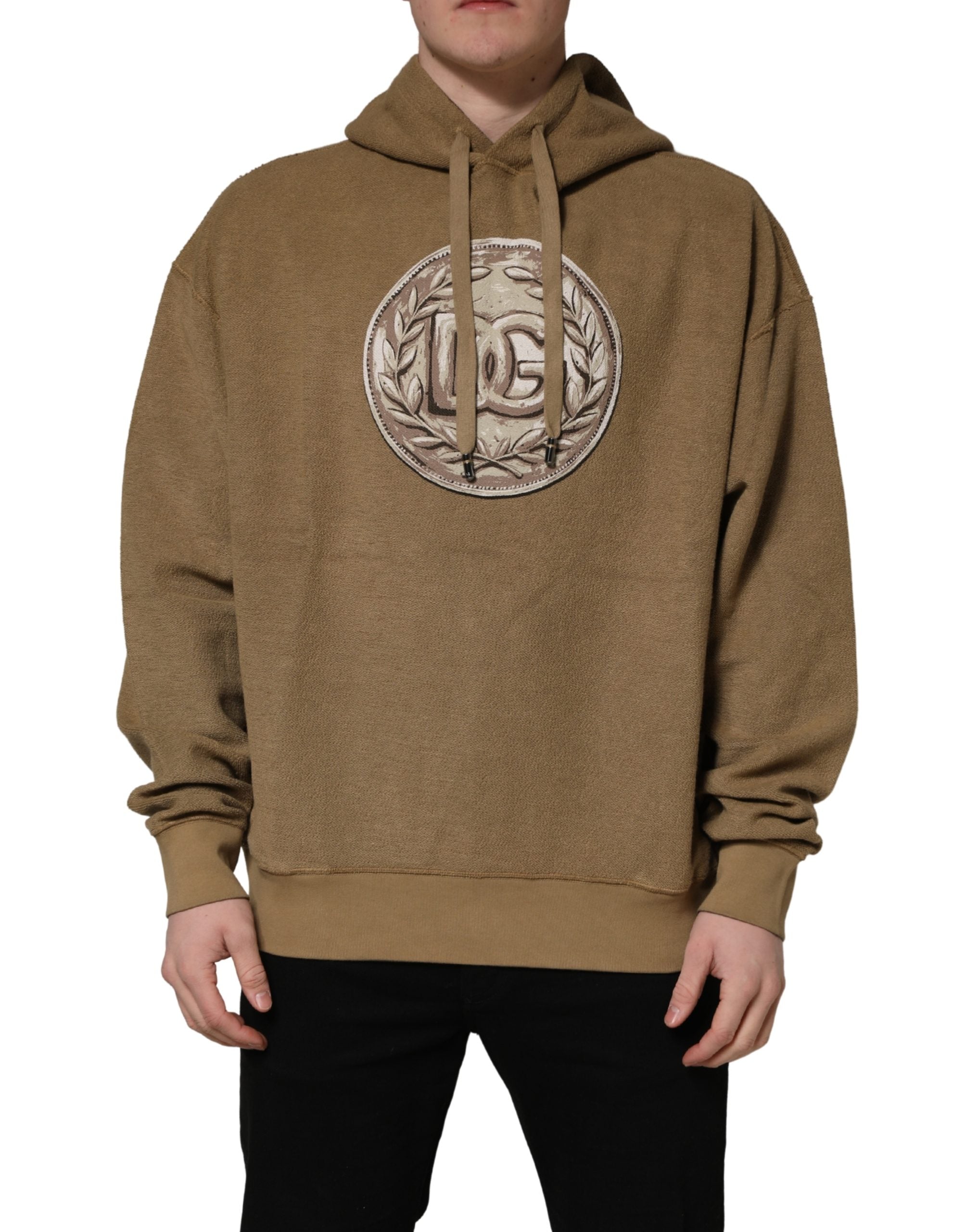 Dolce & Gabbana Brown Cotton Logo Coin Hooded Pullover Sweater