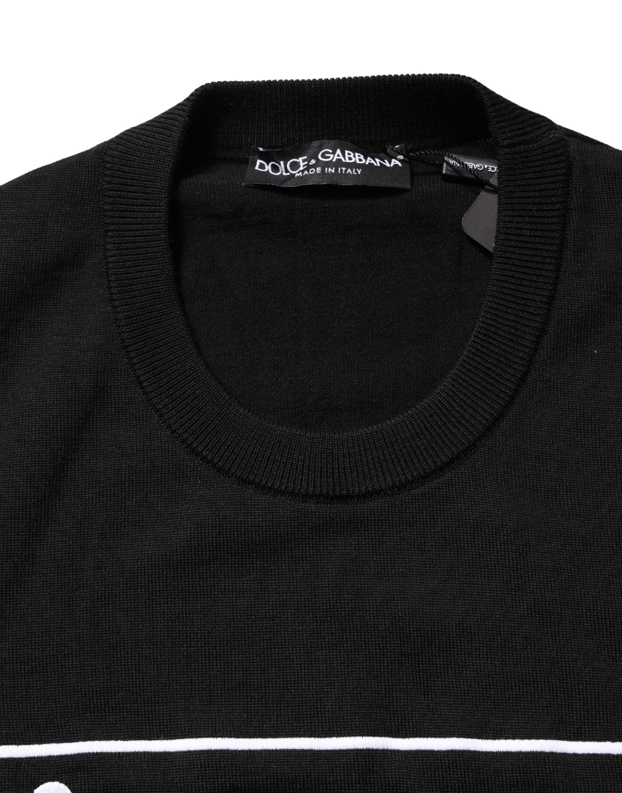 Dolce & Gabbana Black Graphic Logo Crew Neck Wool Pullover Sweater