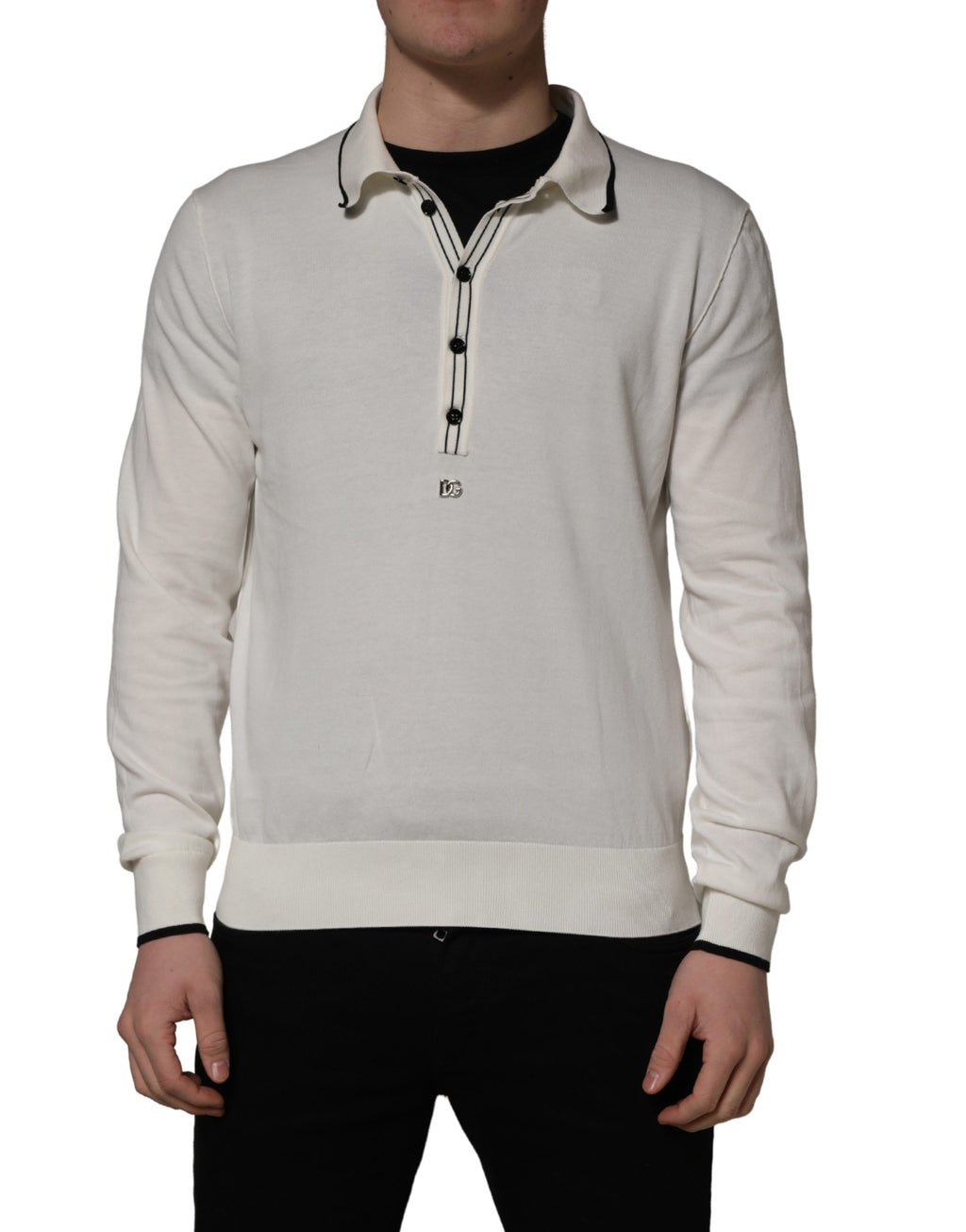 Dolce & Gabbana White Cotton Blend Men Polo Pullover Sweater