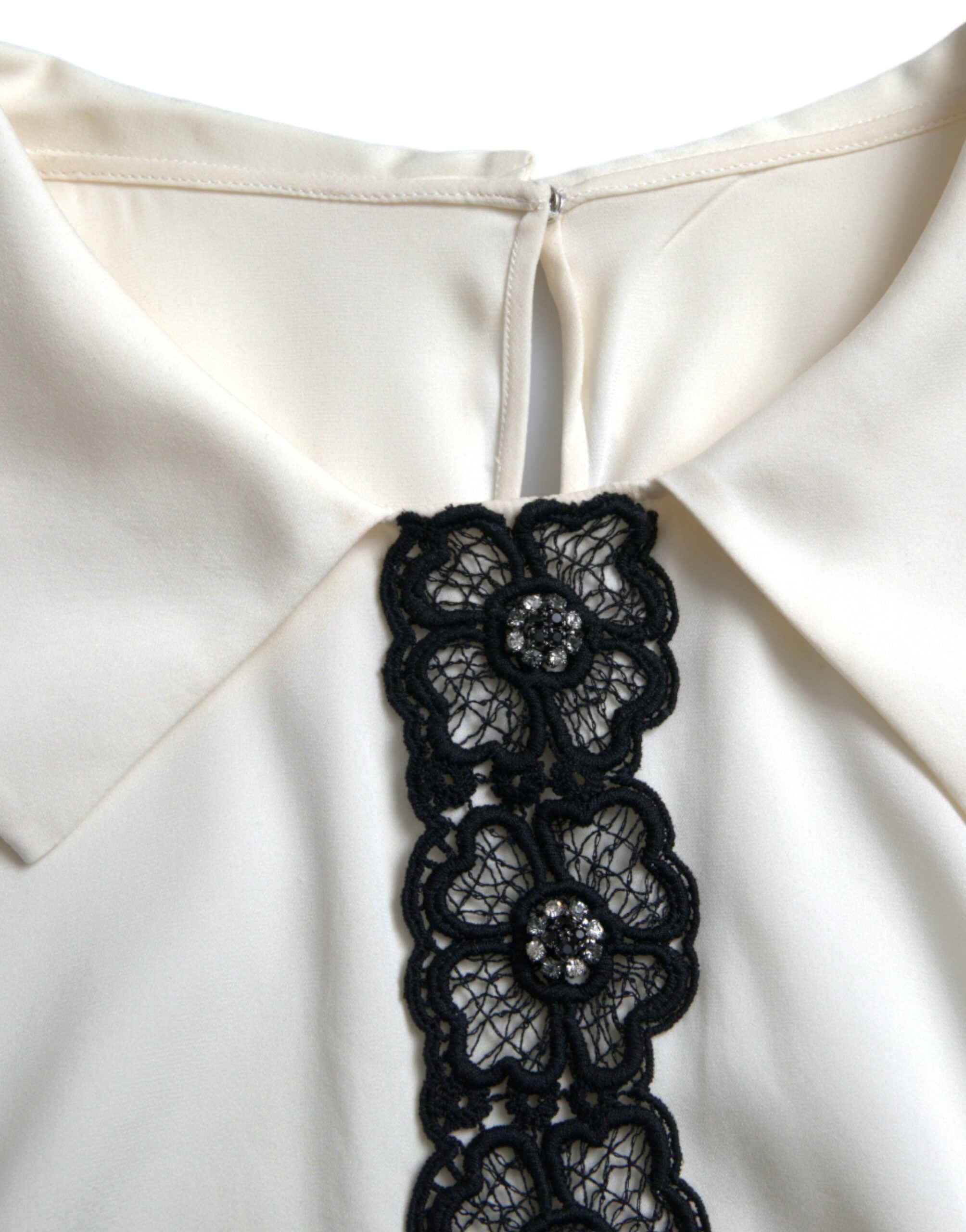 Dolce & Gabbana Off White Silk Lace Trim Short Sleeves Top