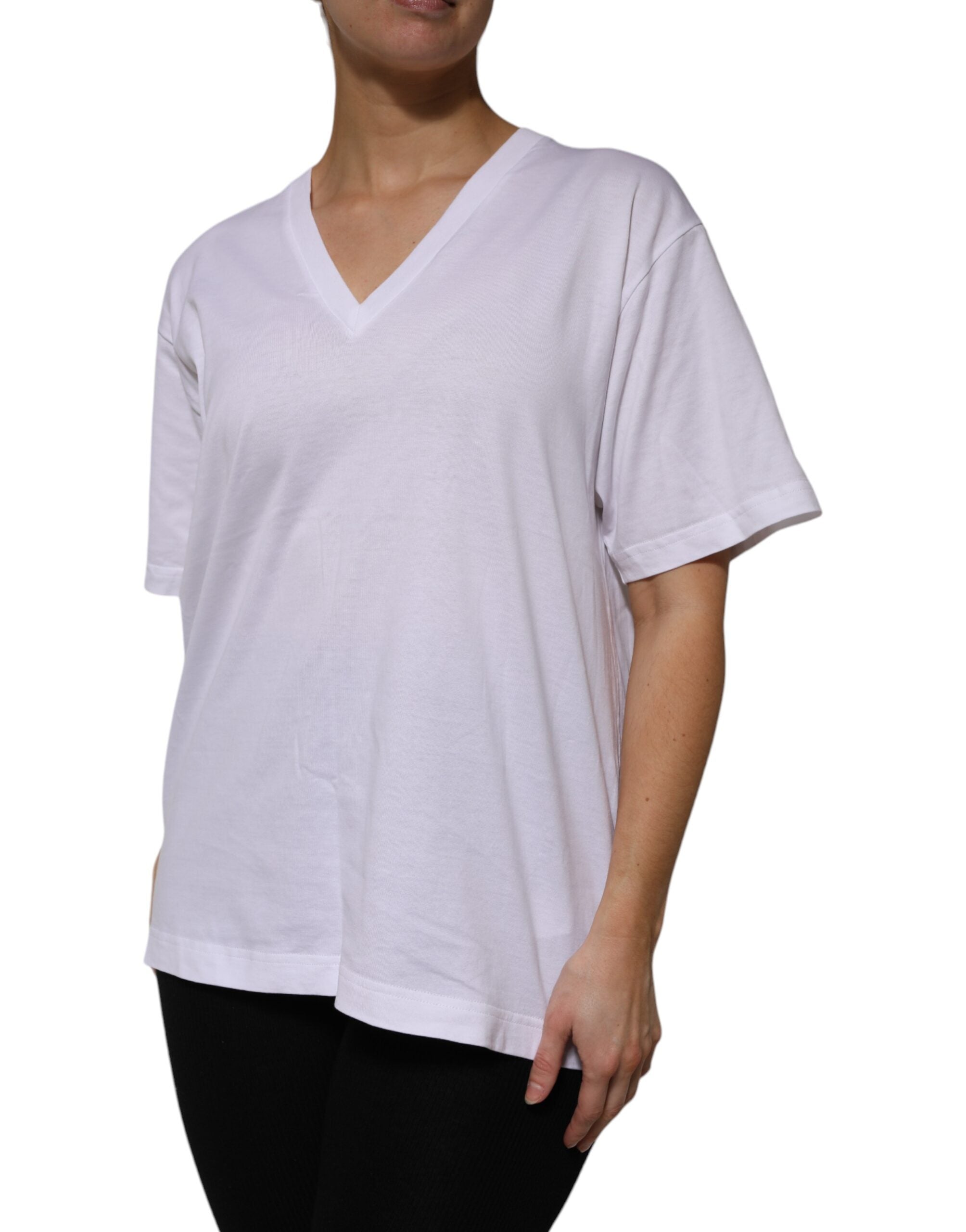 Dolce & Gabbana White Cotton Short Sleeves V-neck T-shirt