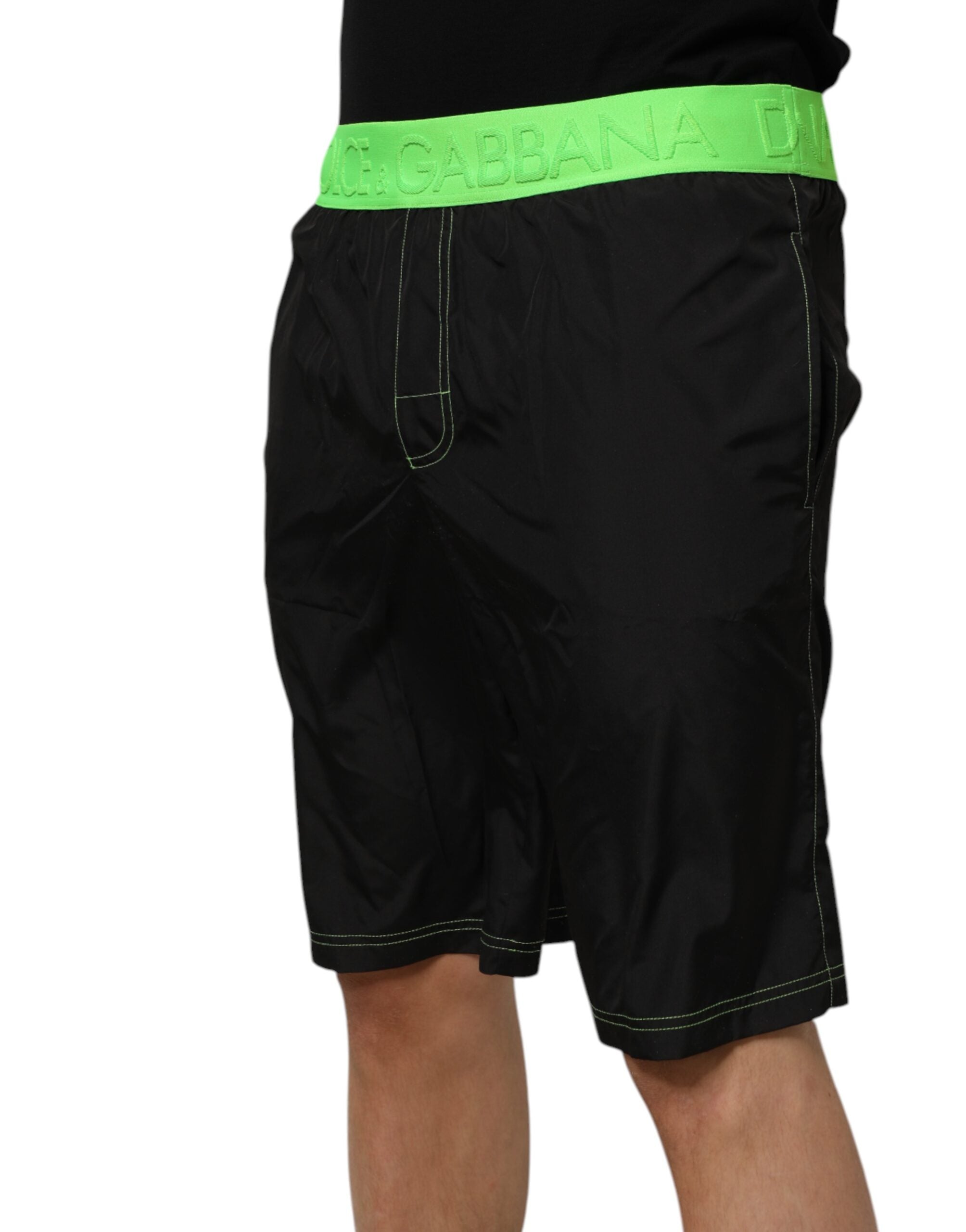 Dolce & Gabbana Black Green Logo Waistband Beachwear Short Swimwear