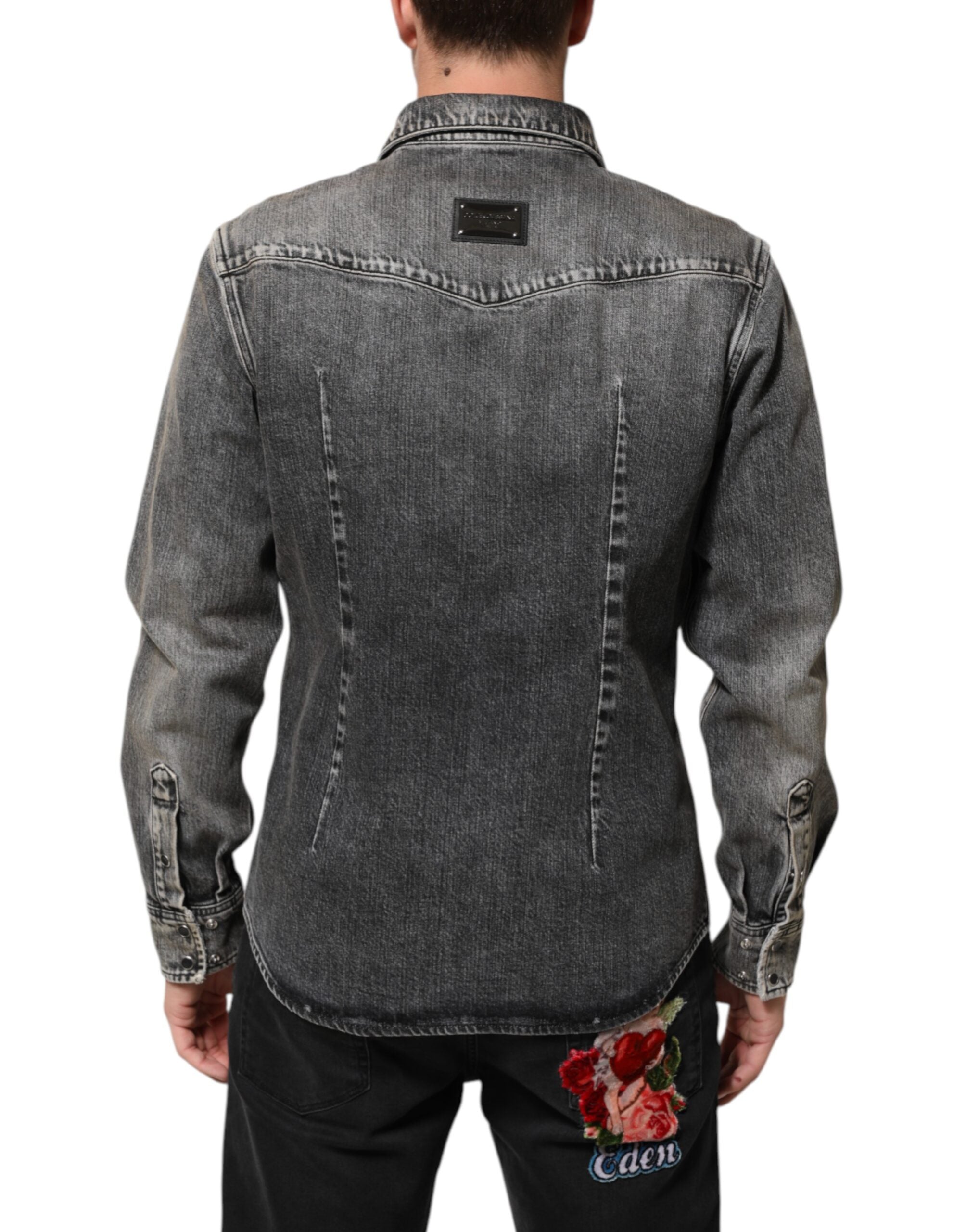 Dolce & Gabbana Black Washed Cotton Snap Long Sleeve Casual Shirt