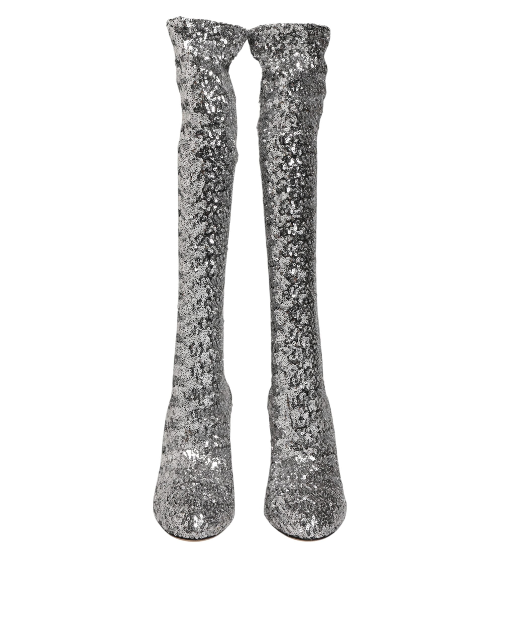 Dolce & Gabbana Shoes Silver Sequins Glitter High Heel Boot Shoes