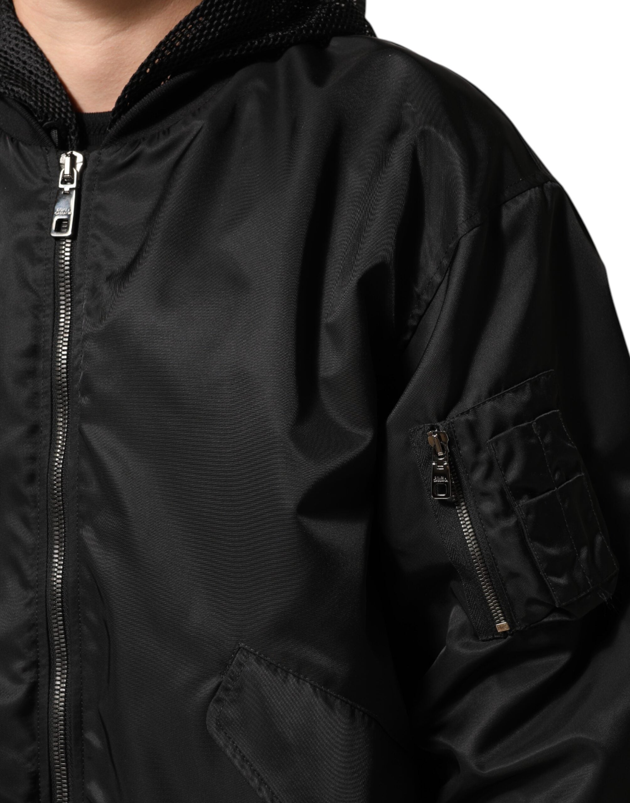 Dolce & Gabbana Black Nylon Hooded Full Zip Bomber Men Jacket