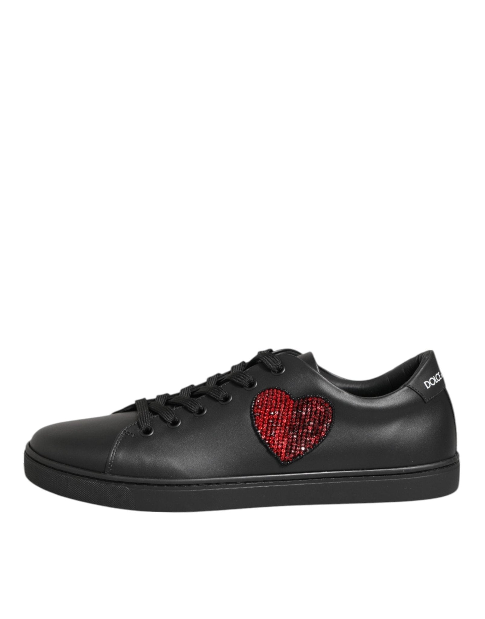 Dolce & Gabbana Black Leather Crystal Heart Sneakers Shoes - GET THE BRAND