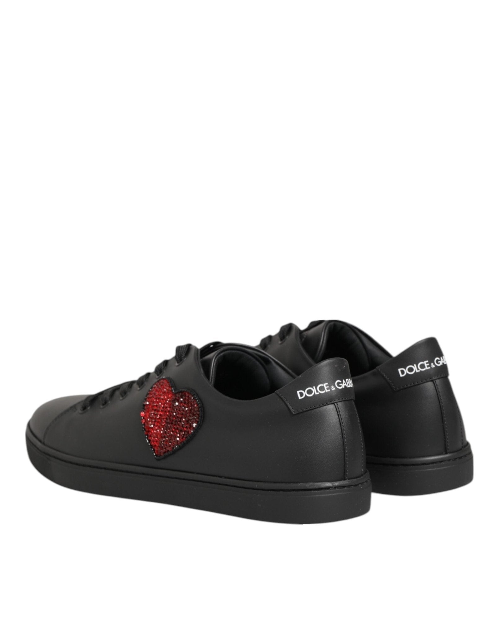 Dolce & Gabbana Black Leather Crystal Heart Sneakers Shoes - GET THE BRAND