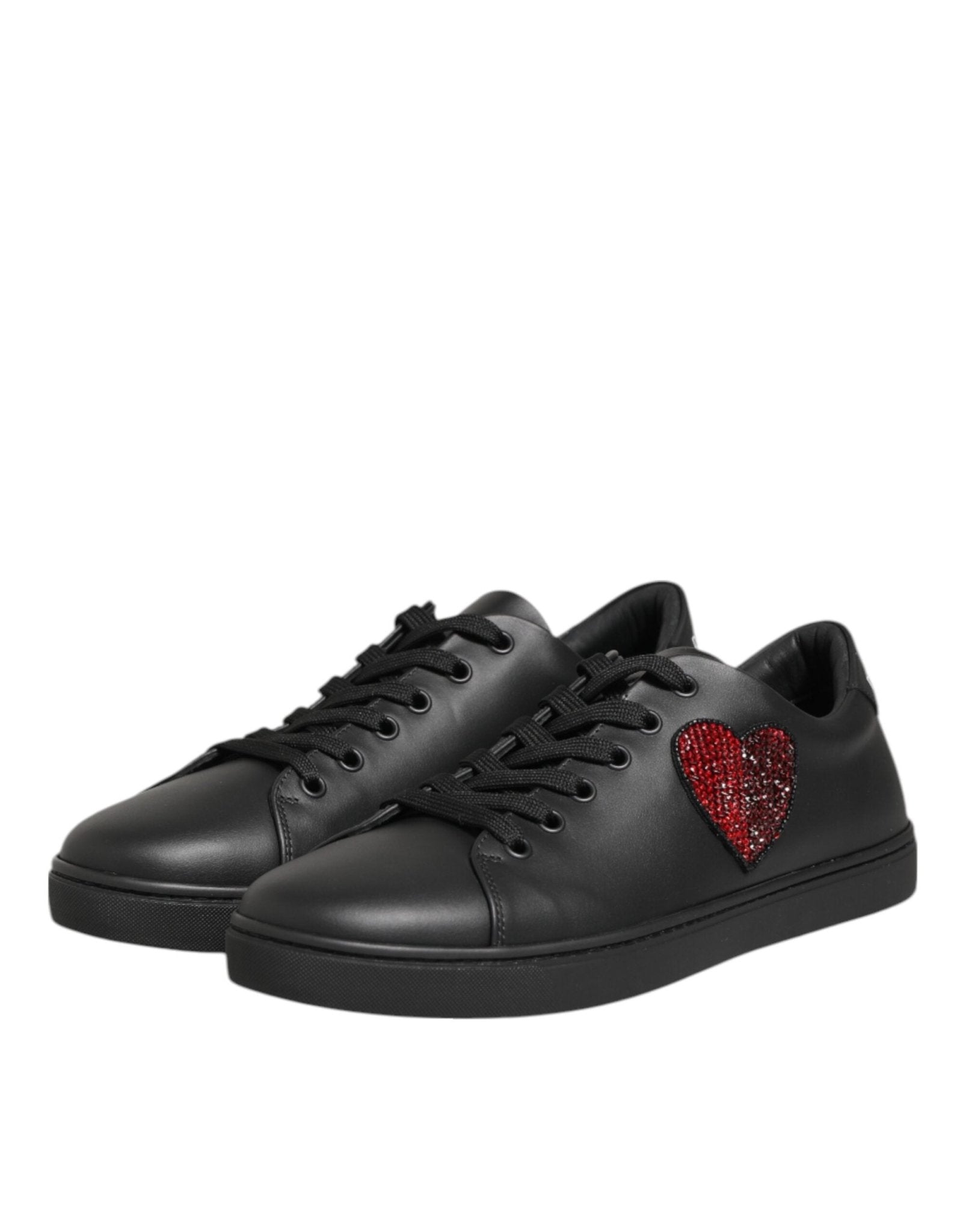 Dolce & Gabbana Black Leather Crystal Heart Sneakers Shoes - GET THE BRAND