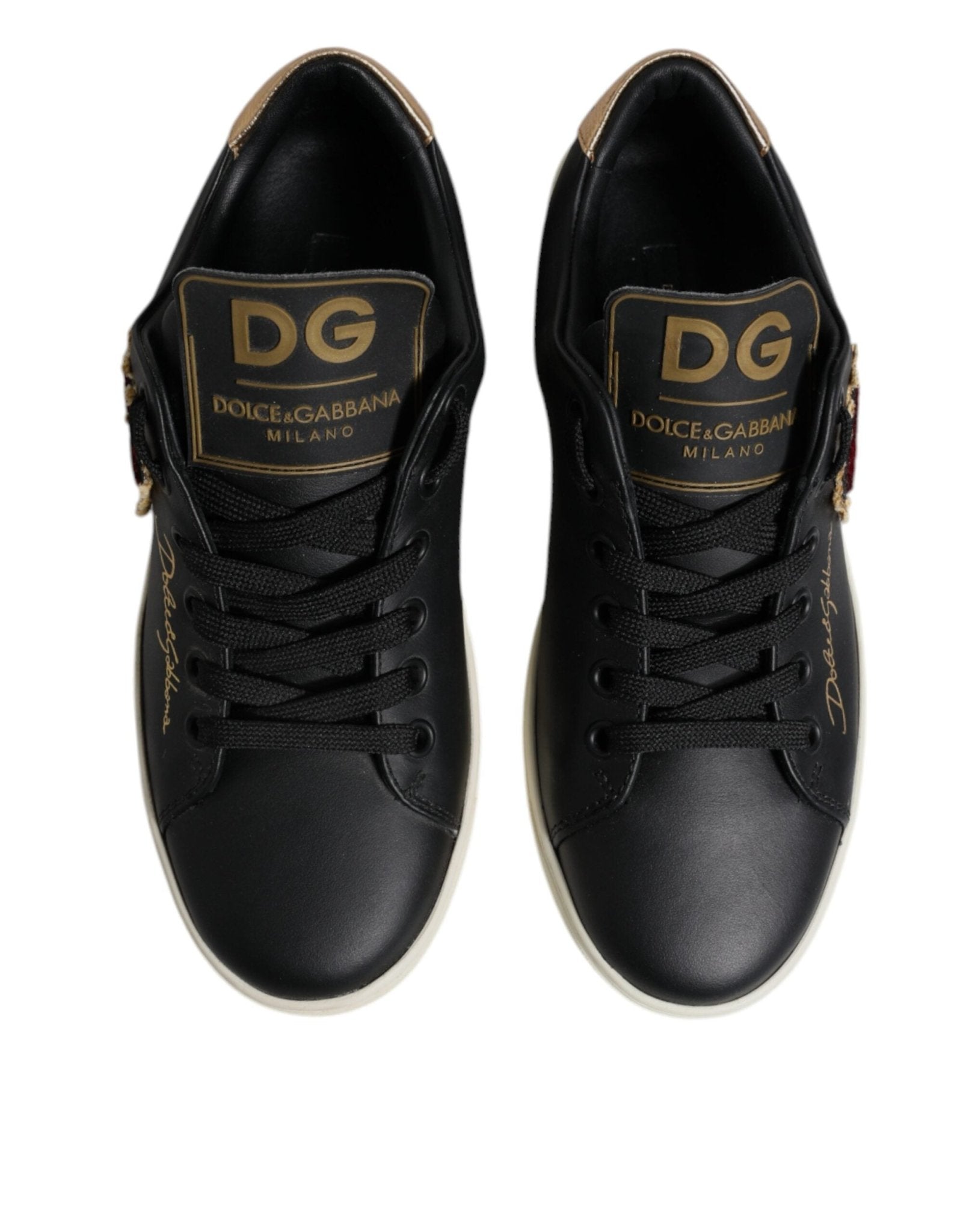 Dolce & Gabbana Black Leather Gold Red Heart Sneakers Shoes - GET THE BRAND