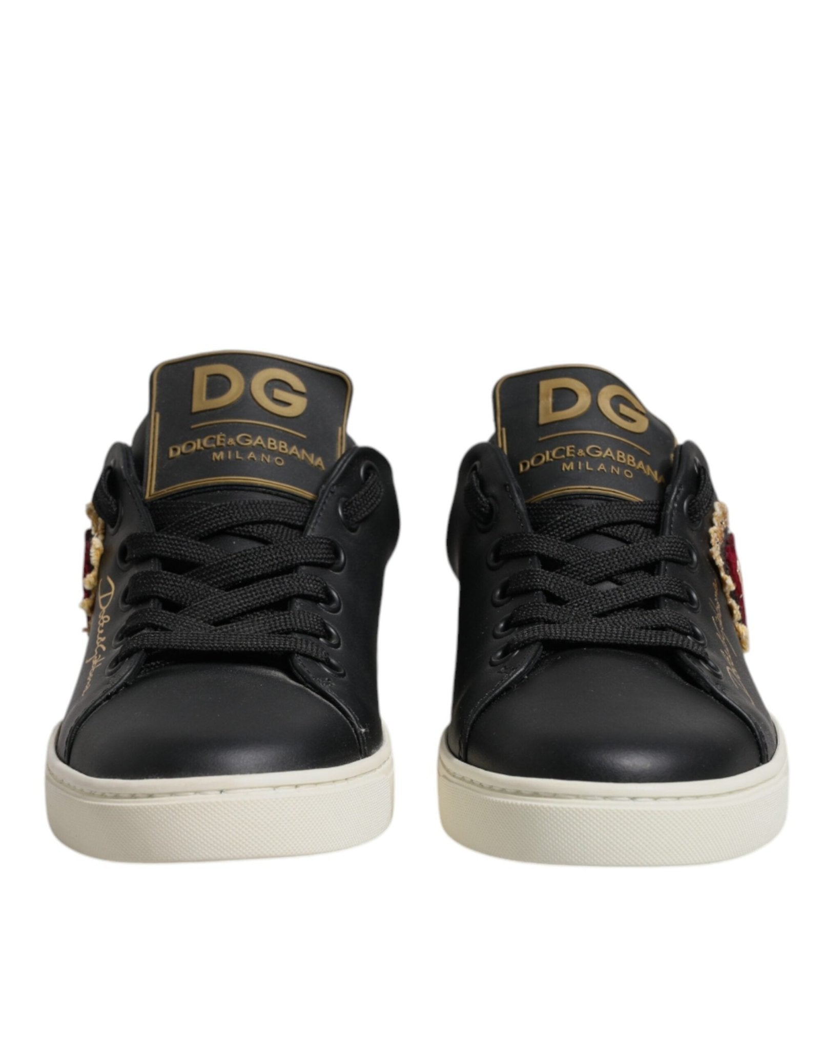 Dolce & Gabbana Black Leather Gold Red Heart Sneakers Shoes - GET THE BRAND
