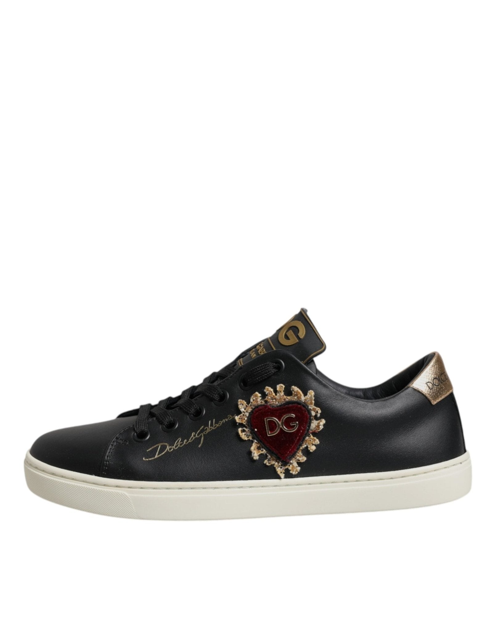 Dolce & Gabbana Black Leather Gold Red Heart Sneakers Shoes - GET THE BRAND
