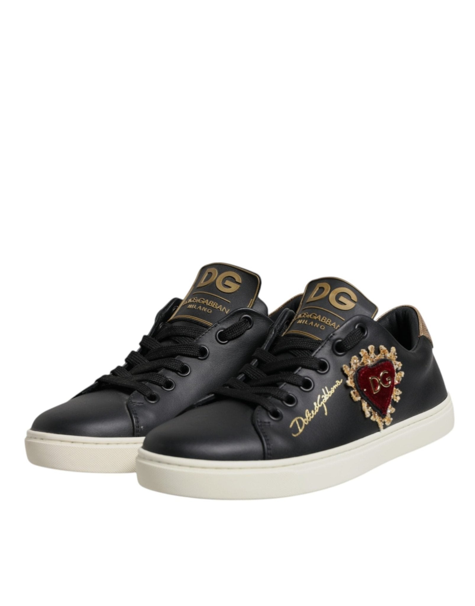 Dolce & Gabbana Black Leather Gold Red Heart Sneakers Shoes - GET THE BRAND