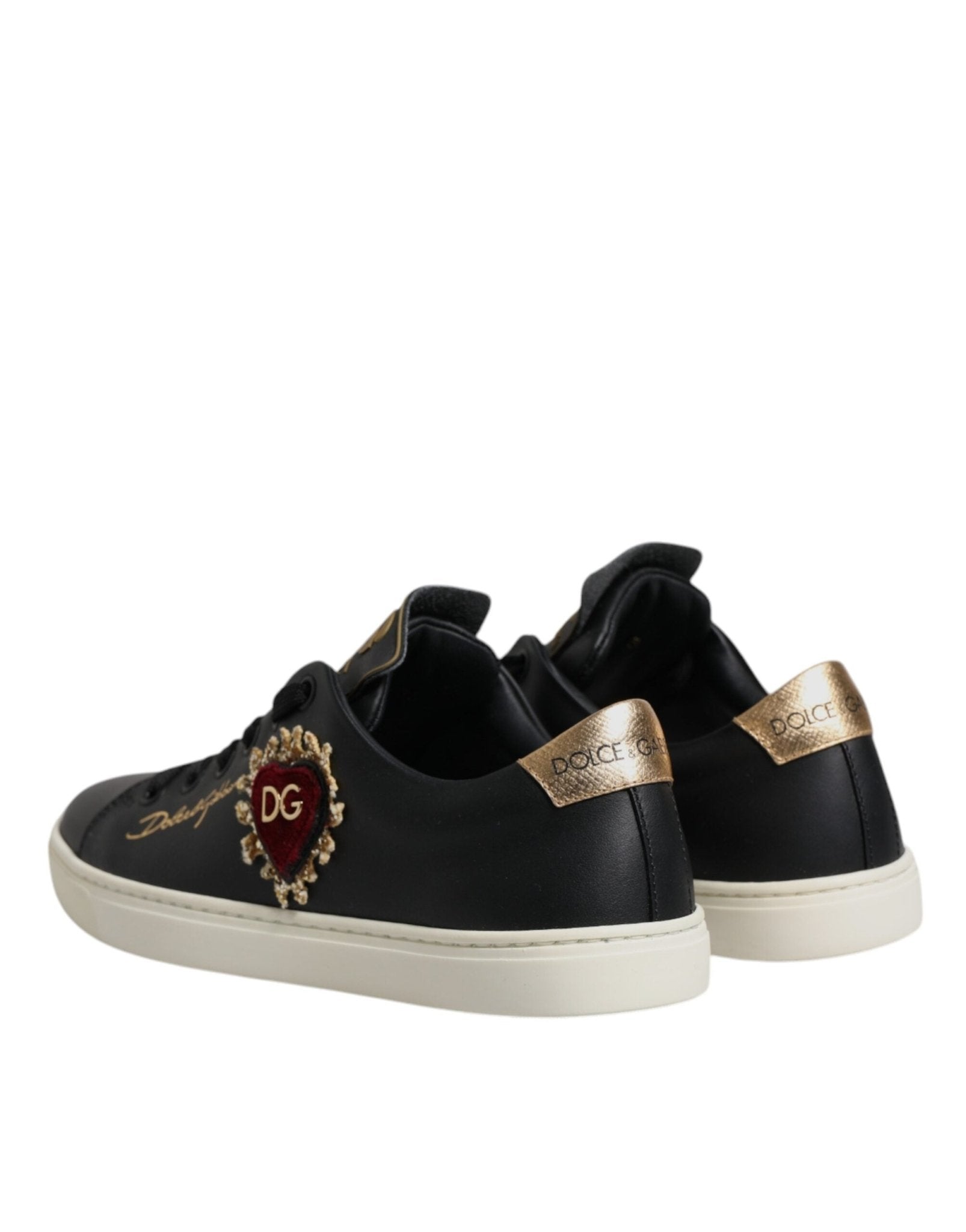 Dolce & Gabbana Black Leather Gold Red Heart Sneakers Shoes - GET THE BRAND