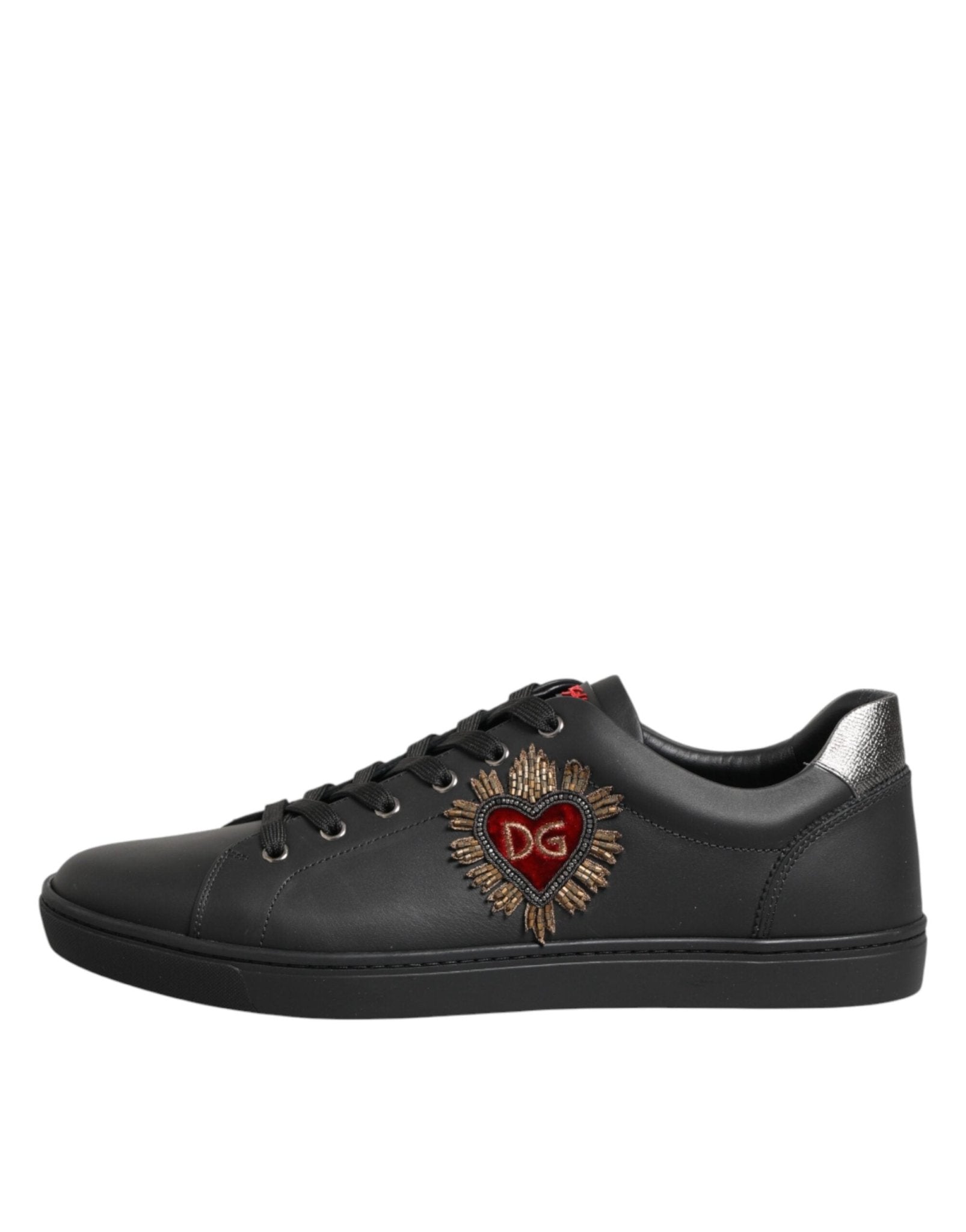Dolce & Gabbana Black Leather Heart Embellished Sneakers Shoes - GET THE BRAND