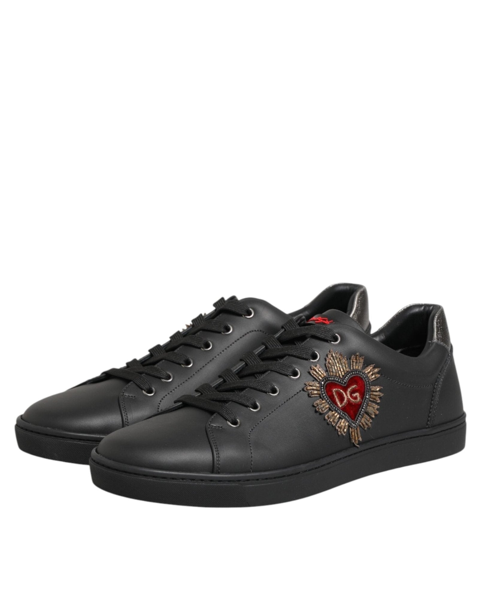 Dolce & Gabbana Black Leather Heart Embellished Sneakers Shoes - GET THE BRAND