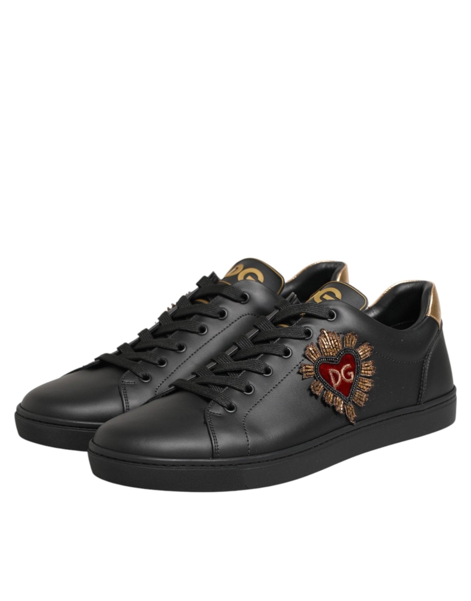 Dolce & Gabbana Black Leather Heart Embellished Sneakers Shoes - GET THE BRAND
