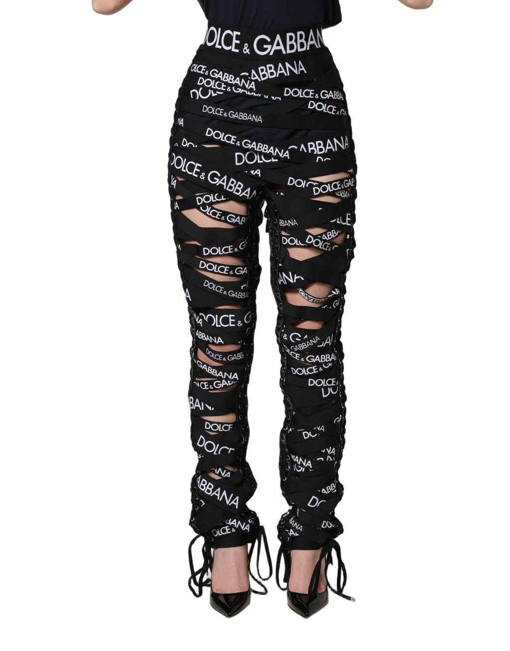 Dolce & Gabbana Black Logo Tape Cut Out Skinny High Waist Pants - GET THE BRAND