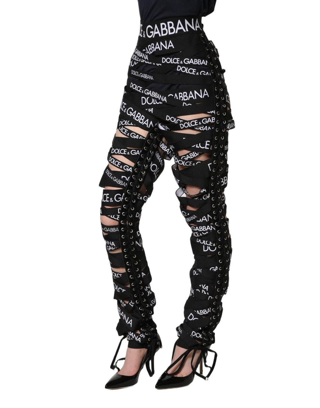 Dolce & Gabbana Black Logo Tape Cut Out Skinny High Waist Pants - GET THE BRAND