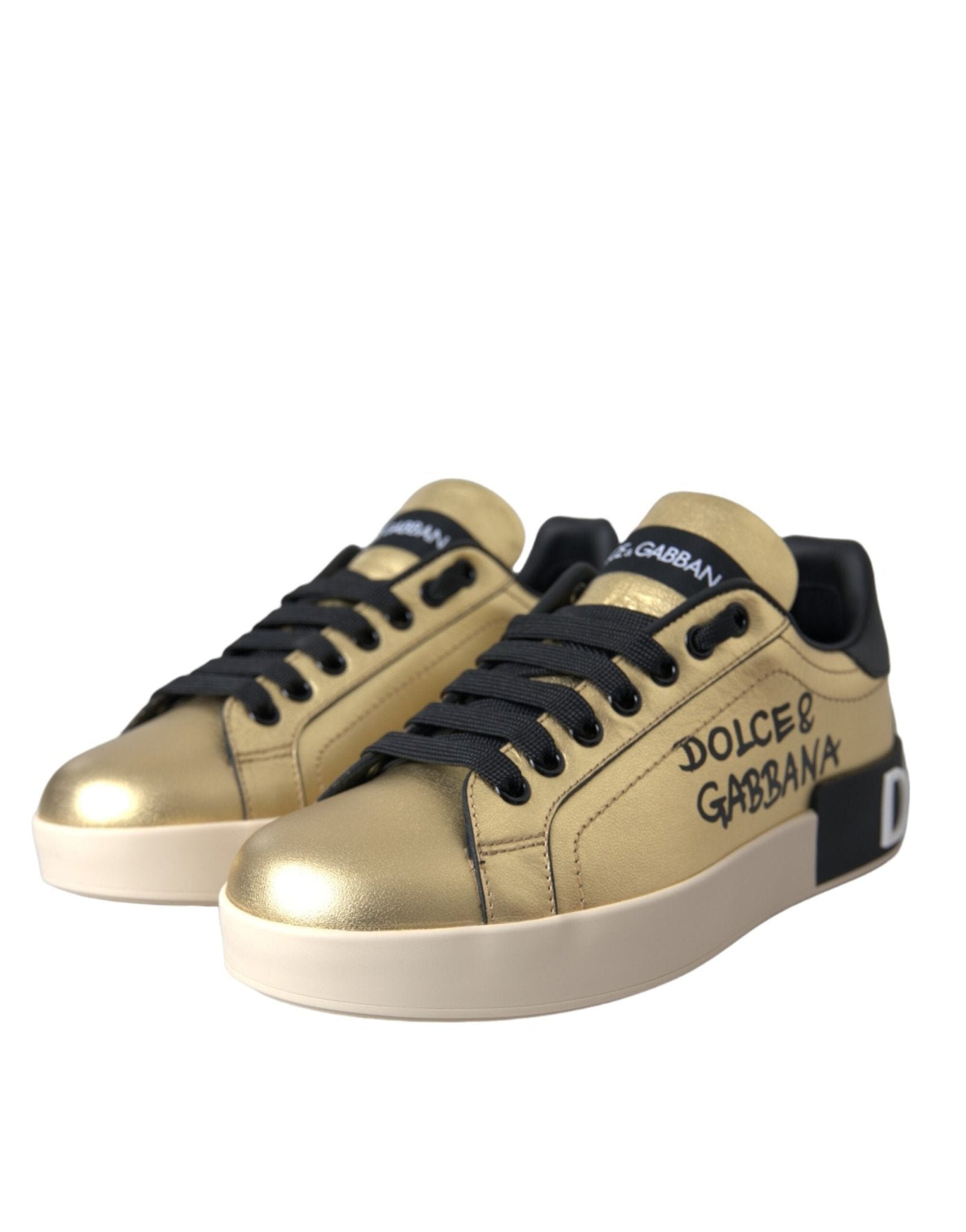 Dolce & Gabbana Gold Portofino Calf Leather Sneakers Women Shoes - GET THE BRAND