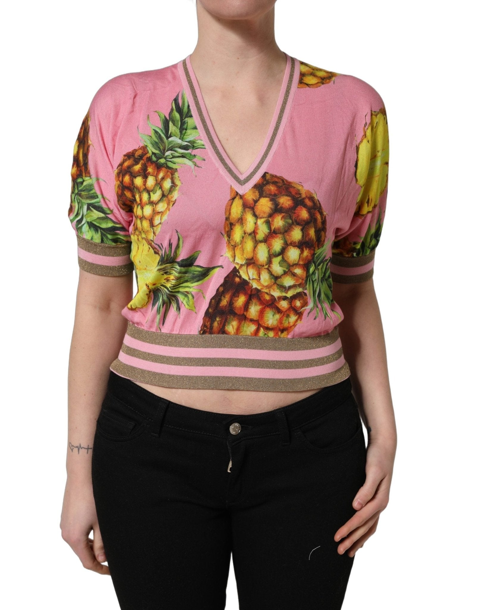 Dolce & Gabbana Pink Pineapple Vneck Short Sleeve Cropped Top - GET THE BRAND