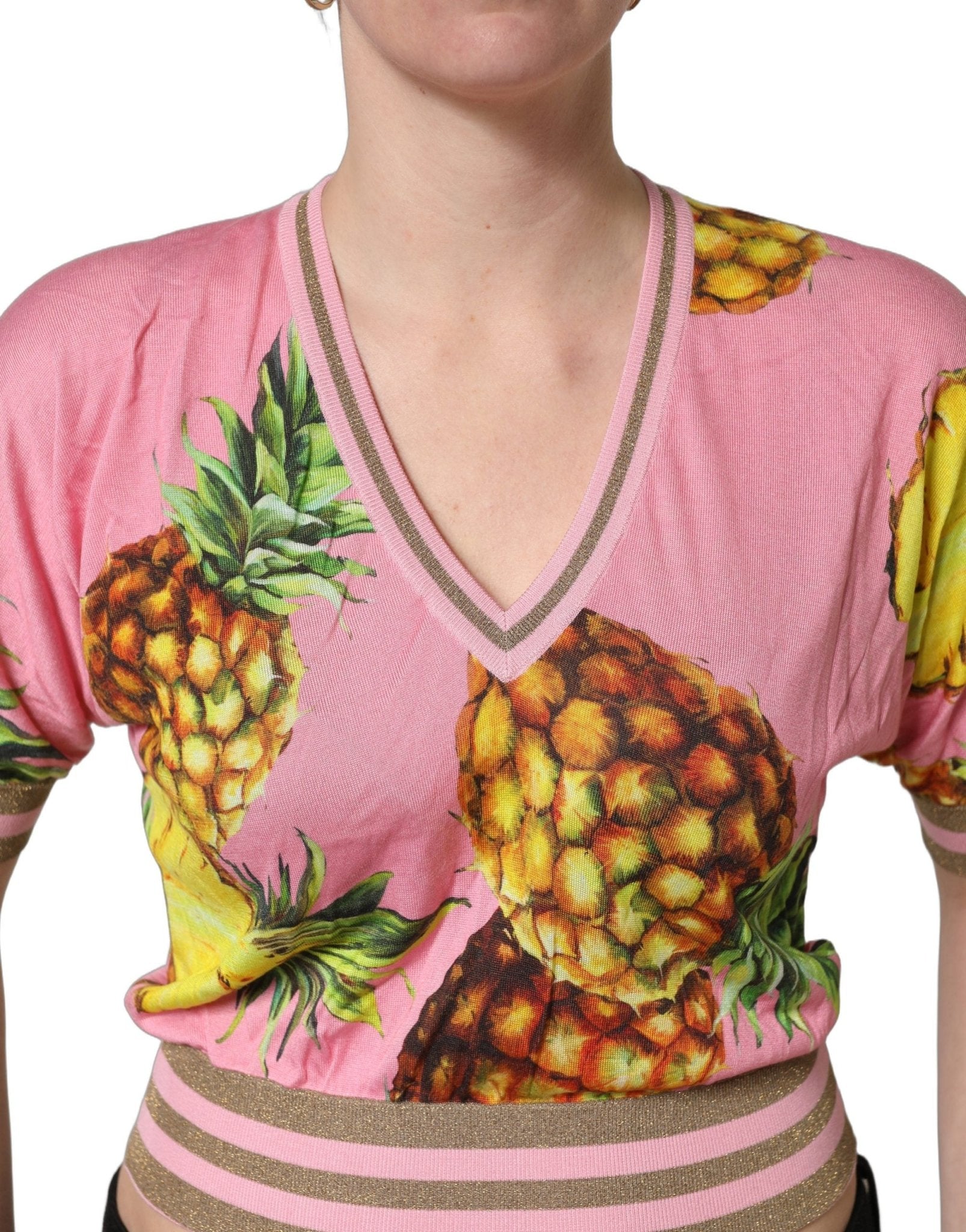 Dolce & Gabbana Pink Pineapple Vneck Short Sleeve Cropped Top - GET THE BRAND