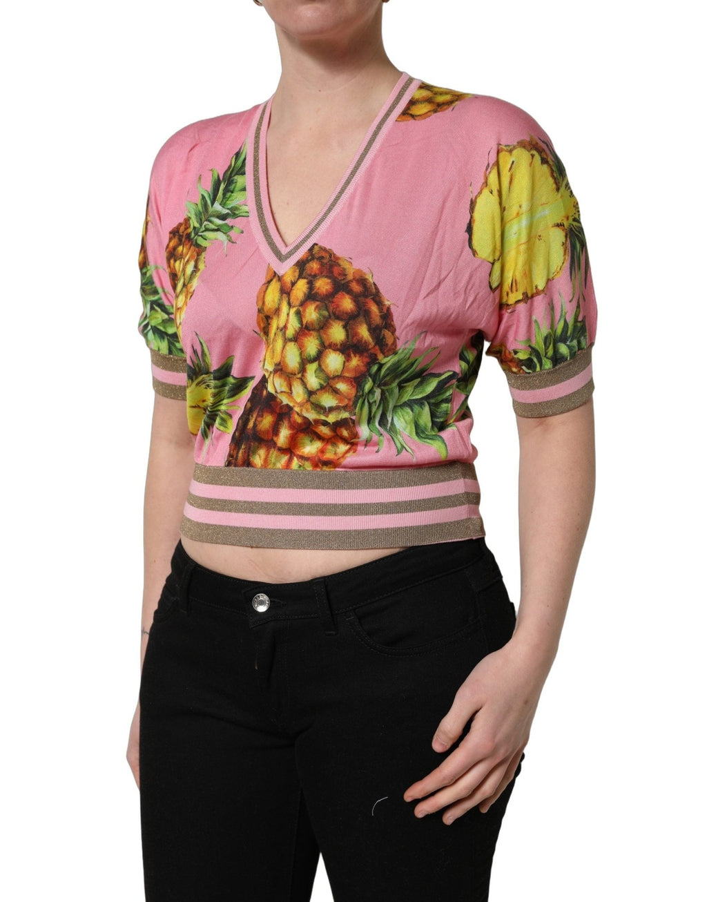 Dolce & Gabbana Pink Pineapple Vneck Short Sleeve Cropped Top - GET THE BRAND