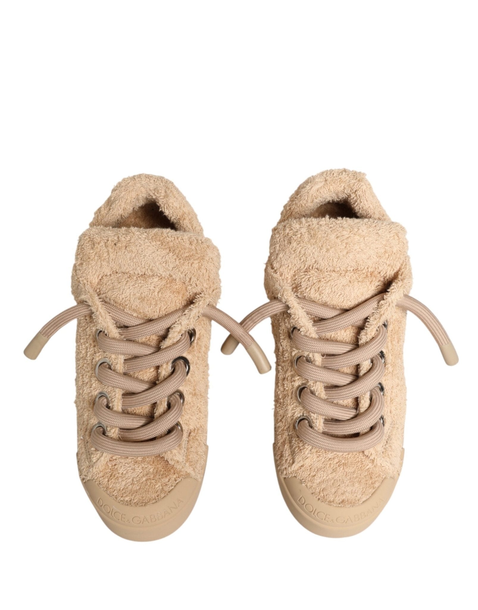 Dolce & Gabbana Shoes Beige Faux Shearling Low Top Sneakers - GET THE BRAND
