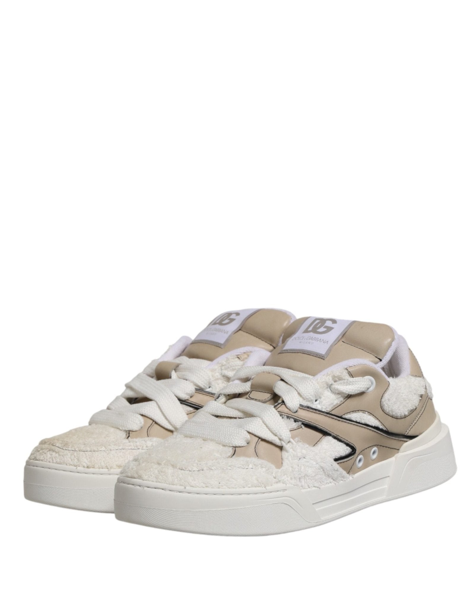 Dolce & Gabbana White Beige Faux Shearling Low Top Sneakers Shoes - GET THE BRAND