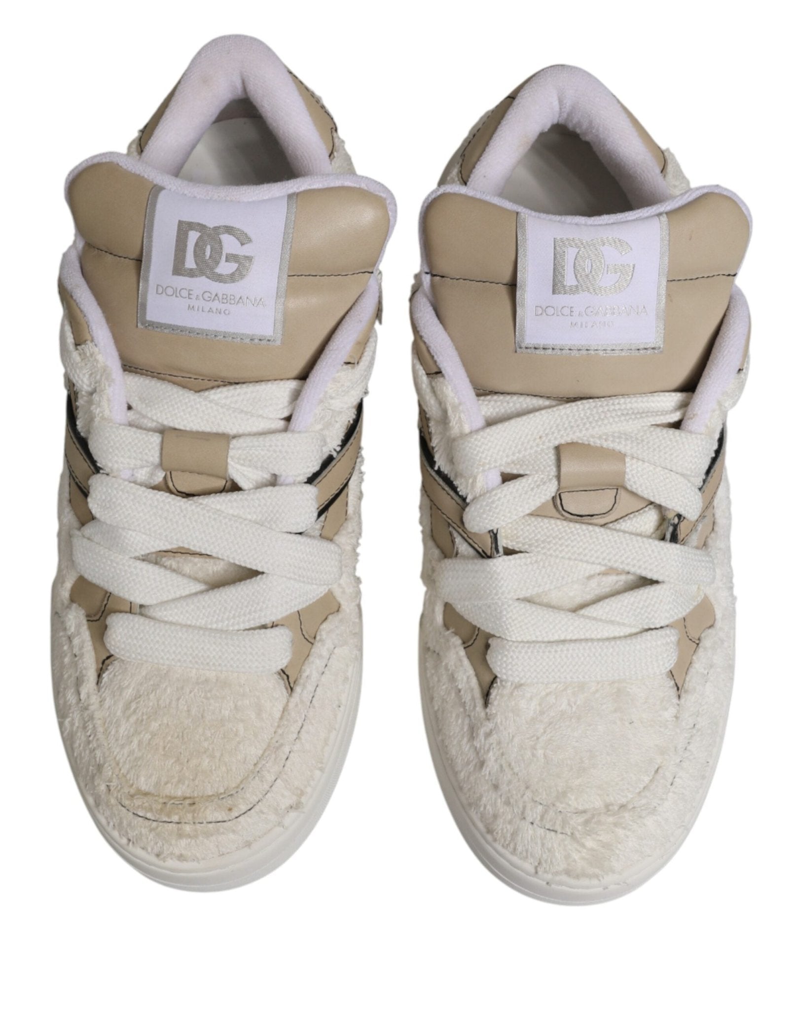 Dolce & Gabbana White Beige Faux Shearling Low Top Sneakers Shoes - GET THE BRAND