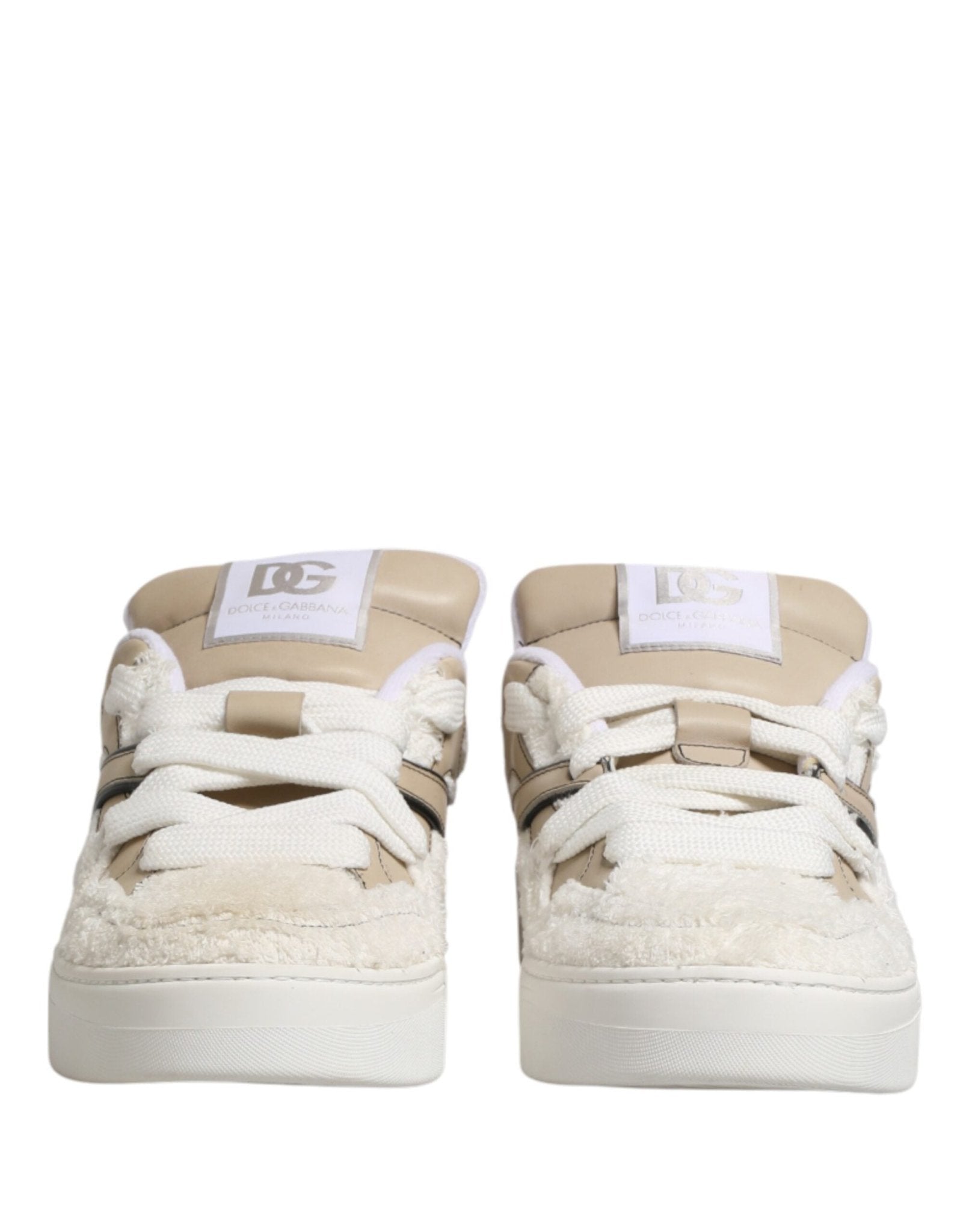 Dolce & Gabbana White Beige Faux Shearling Low Top Sneakers Shoes - GET THE BRAND