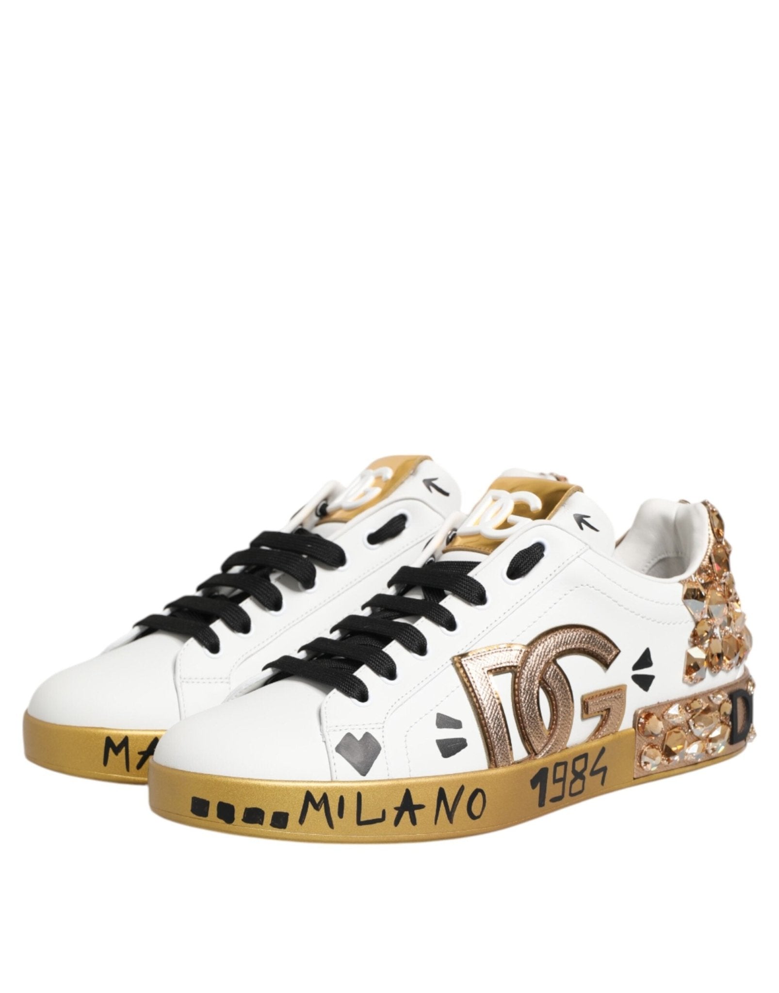 Dolce & Gabbana White Gold Crystal Portofino Sneakers Shoes - GET THE BRAND