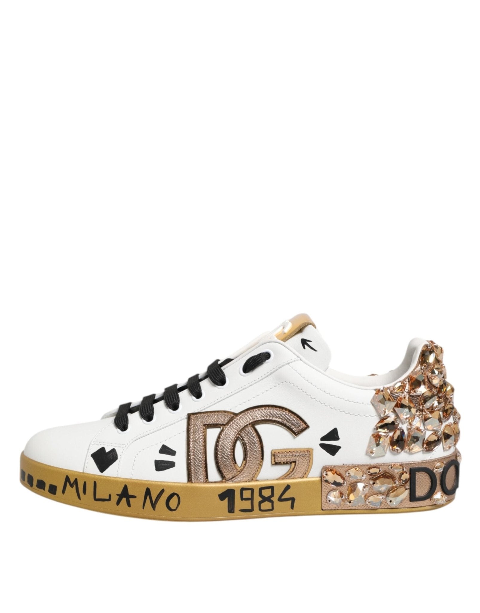 Dolce & Gabbana White Gold Crystal Portofino Sneakers Shoes - GET THE BRAND